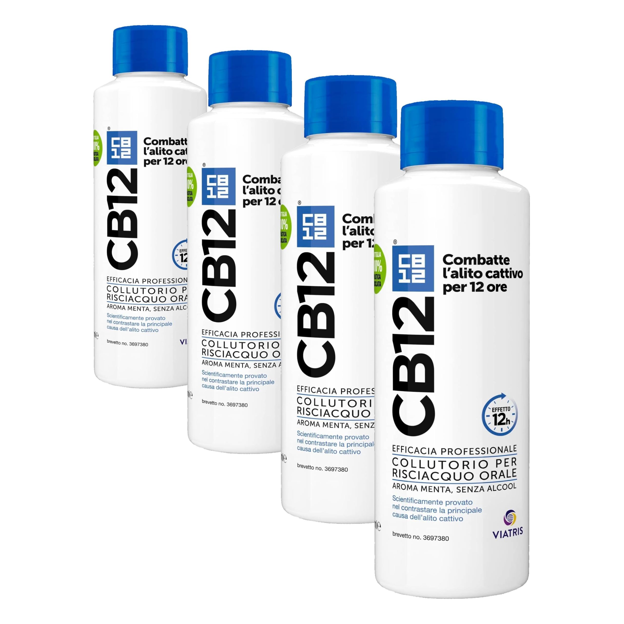 CB12 Rince-bouche quotidien sans alcool pour une respiration agréable jusqu'à 12 heures avec fluorure - 500 Ml (Lot de 4)