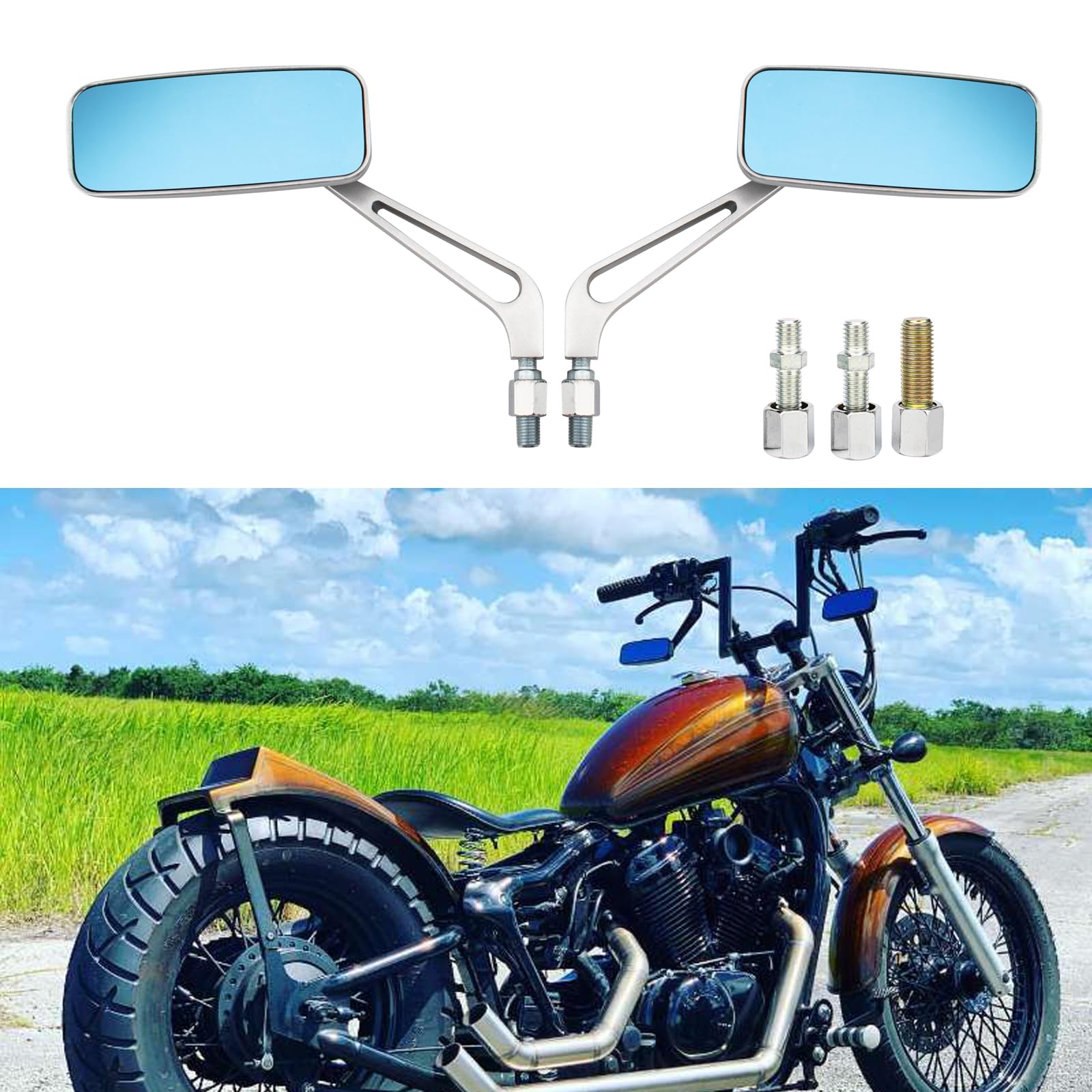 BREDUXSER 8mm/10mm Black Motorcycle Rectangle Mirror Handlebar Wing Mirror for Bobber Cruiser Choppers Touring ATV Sport Bike (Silver)