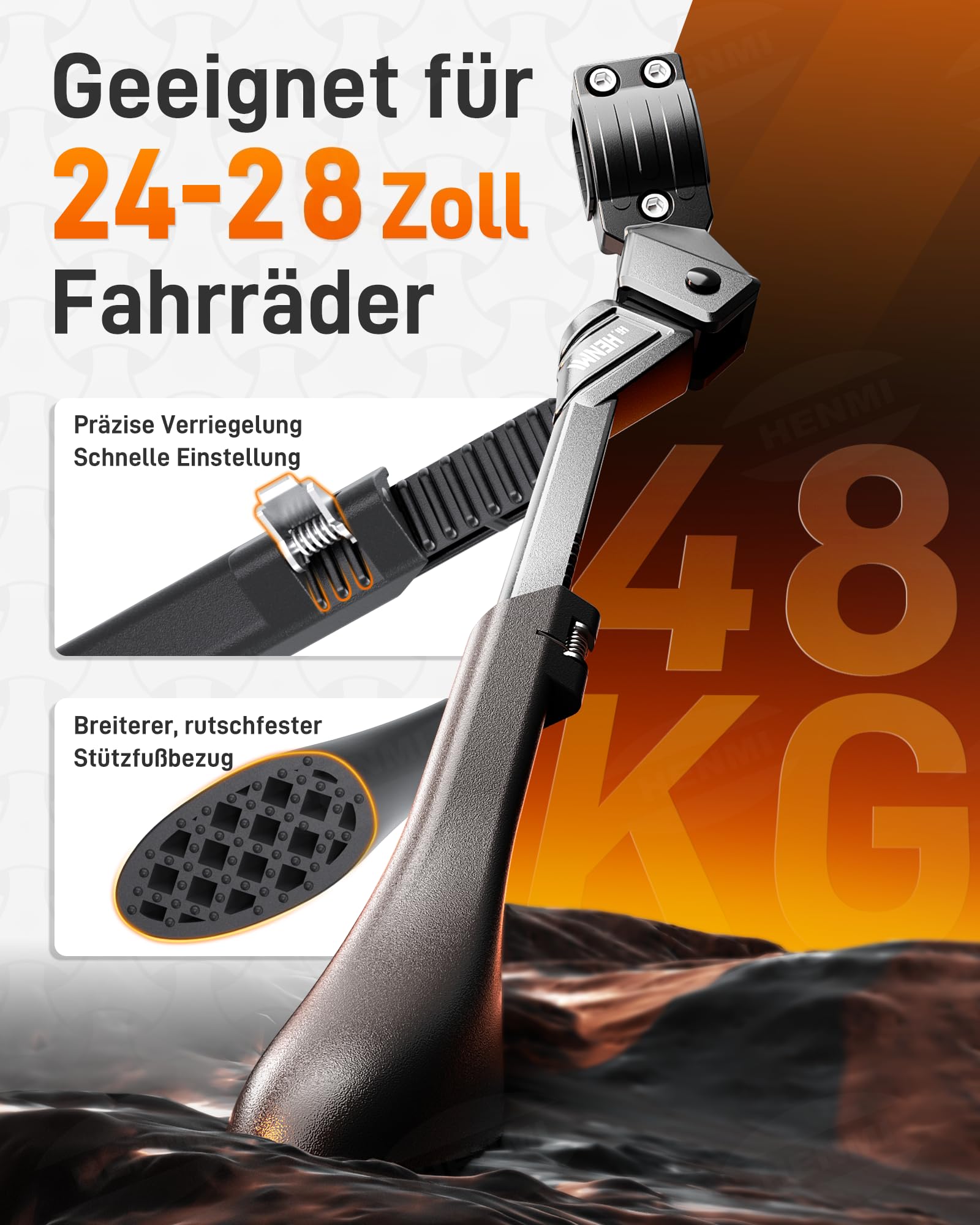 HENMI Leichter Magnesium Fahrradständer 24-28 Zoll, Höhenverstellbarer Seitenständer für Mountainbike, Trekkingrad, Cityrad & Pendlerfahrräder (Nicht für runde/rautenförmige Rahmen)