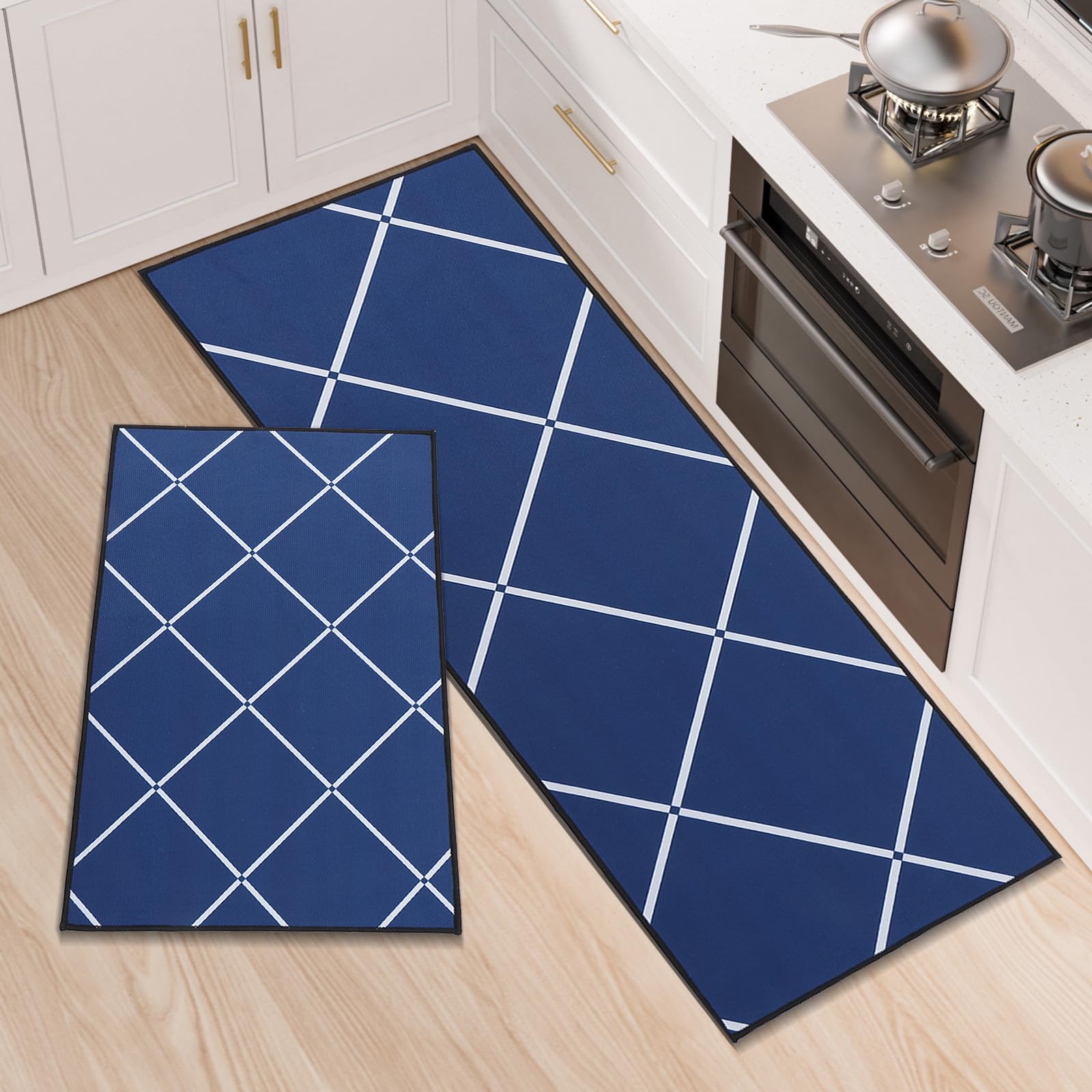 Set di 2 Tappeti da Cucina, Tappetini da Cucina Lavabili, Runner Antiscivolo, Tappetino Assorbente per Ingresso e Decorazione Domestica Ufficio, 50x80+50x150cm, Blu