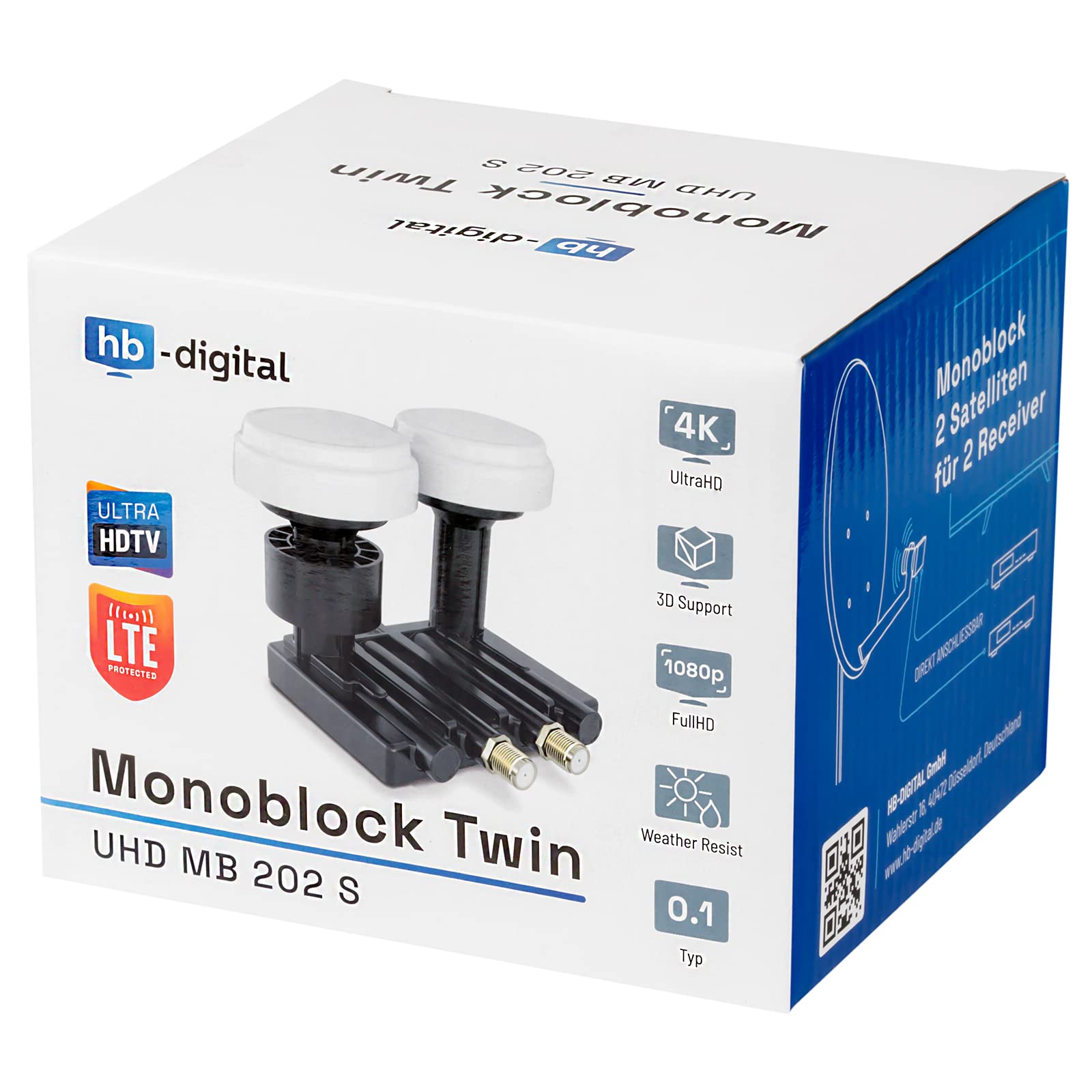 hb-digital LNB Twin LNB UHD MB 202 S LNC | pour 2 participants/récepteurs Direct & 2 satellites : Astra 19,2° Hotbird 13° Full HD TV 3D 4K Noir + 4x connecteurs F plaqués or + 2 douilles en caoutchouc
