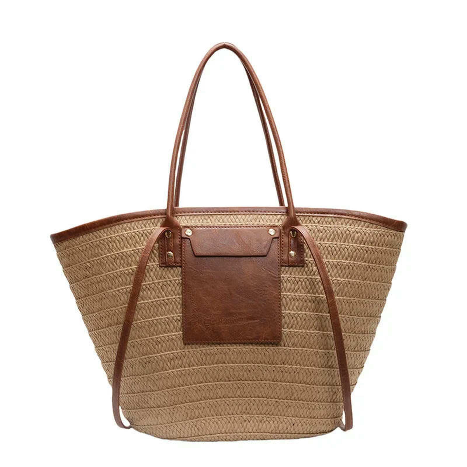 Strohtaschen Damen Shopper Frauen Stroh Gewebter Tasche Schulterbetrieb Großer Kapazität Stylish Crossbody Bag Webwebchen Satchel Patchwork Urlaub Tasche-Khaki