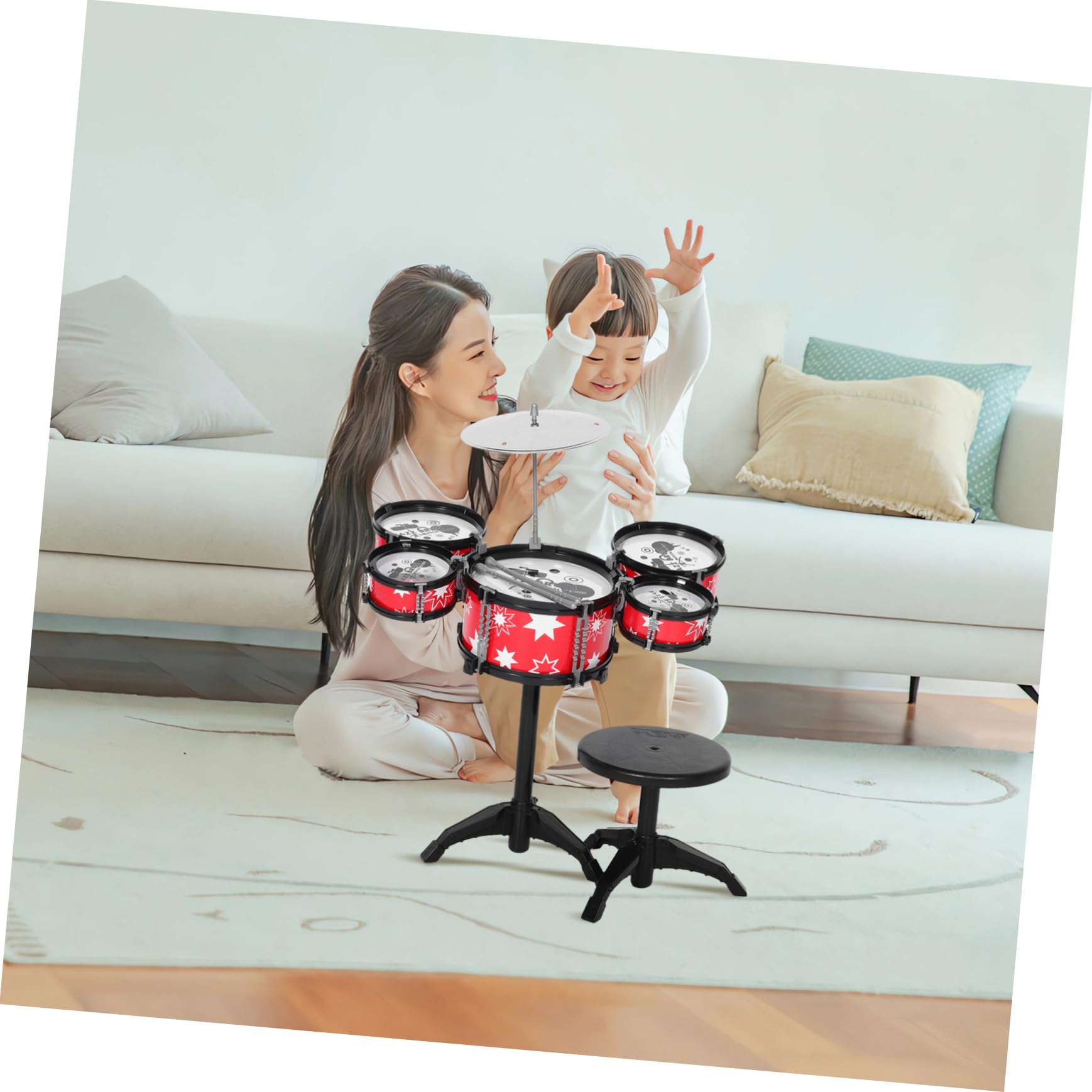 Juego de Batería para Pequeños, Batería de Percusión Abs Roja Borde Negro, 5 Tambores Taburete y Baquetas, Instrumento Musical Educativo para Desarrollo Temprano y Ritmo, Juguete