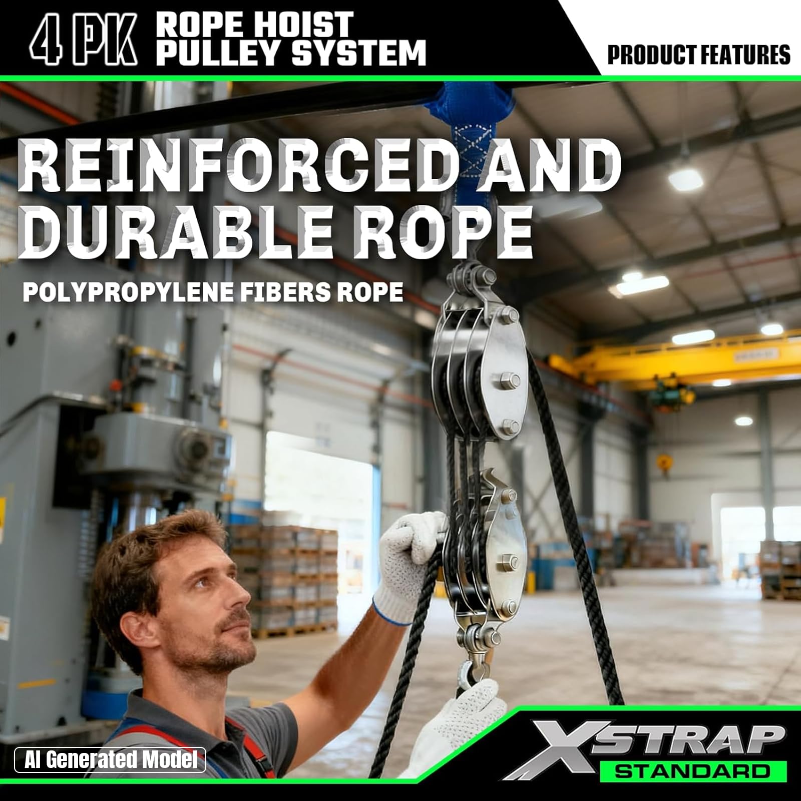 XSTRAP Standard Palan à Corde Robuste de 0,9 kg, résistance à la Rupture de 15,2 m, Bloc de Charge de Travail de 453,6 kg et système de poulie pour soulever des Objets Lourds (Noir)