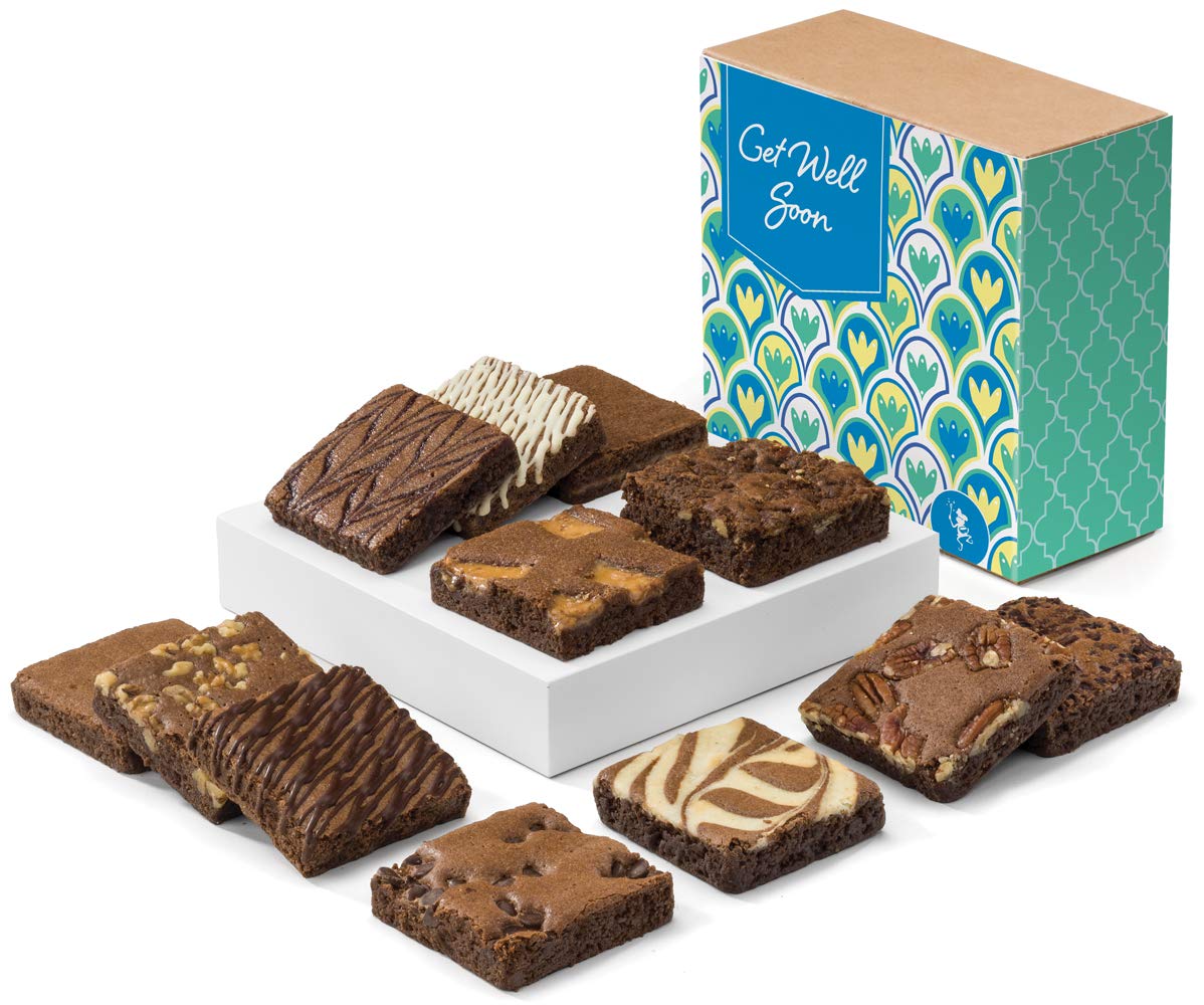 Fairytale Brownies Get Well Dozen Individually Wrapped Gourmet Chocolate Food Gift Basket - 3 Inch Square Full-Size Brownies - 12 Pieces - Item CJ112