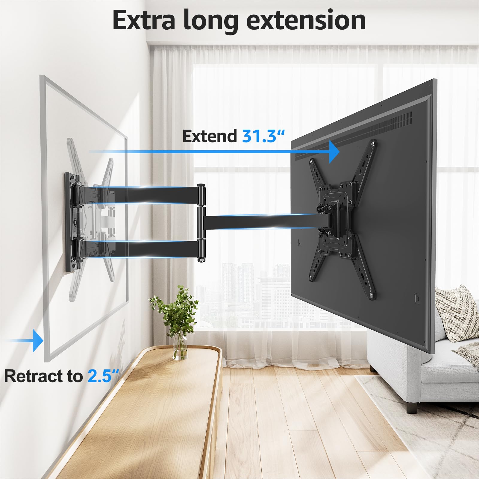 MOUNTUP Soporte de pared de esquina para TV con brazo largo para la mayoría de televisores de 32 a 65 pulgadas, soporte de TV de movimiento completo con soporte de extensión adicional de 31.3