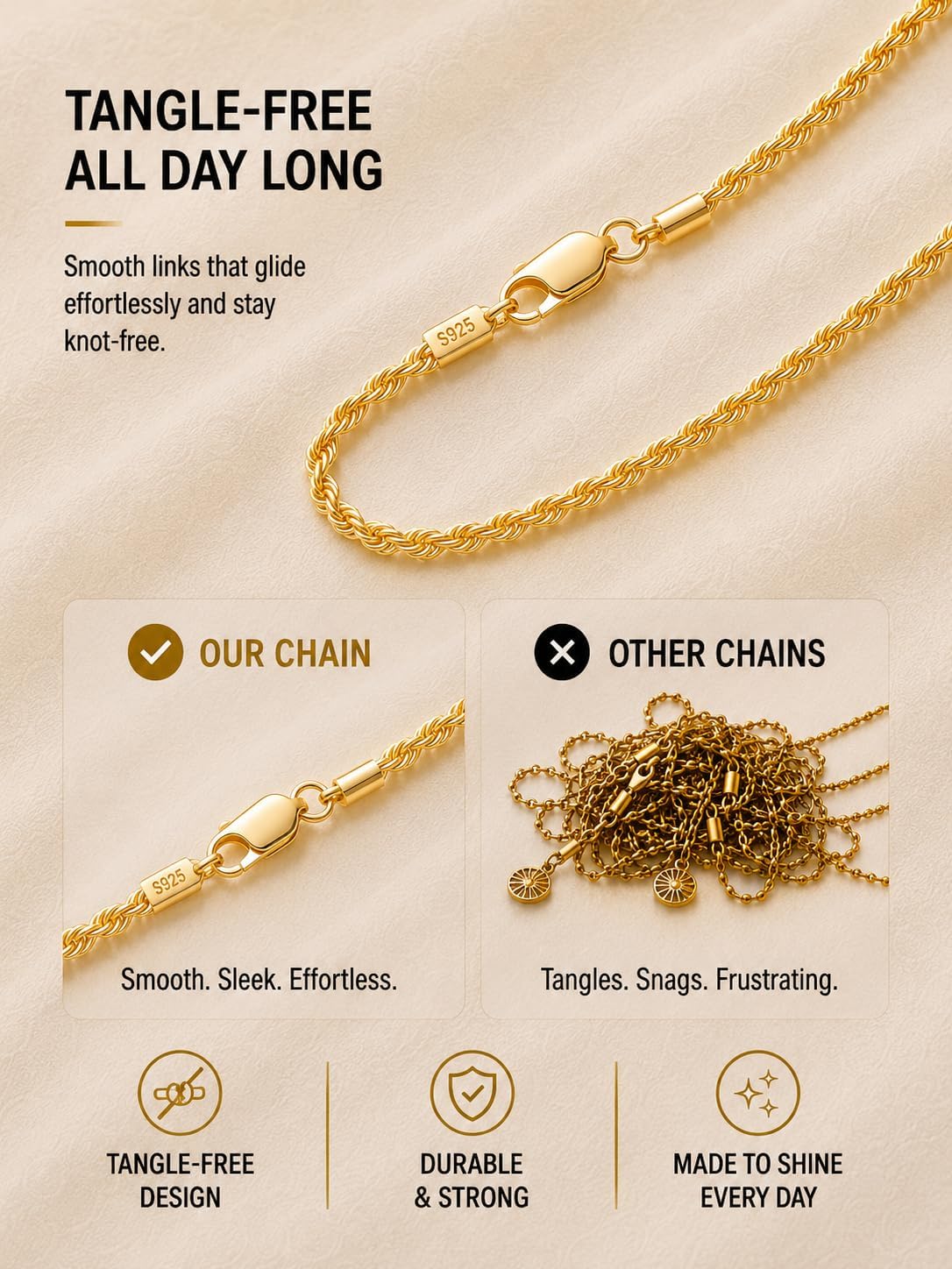 1.5mm & 2.5mm Rope Chain 925 Sterling Silver 14K Gold Plated Chain Necklace for Women, Dainty Non Tarnish & Durable Women's Chain Necklaces, Jewelry Gifts for Women 16-26 Inch