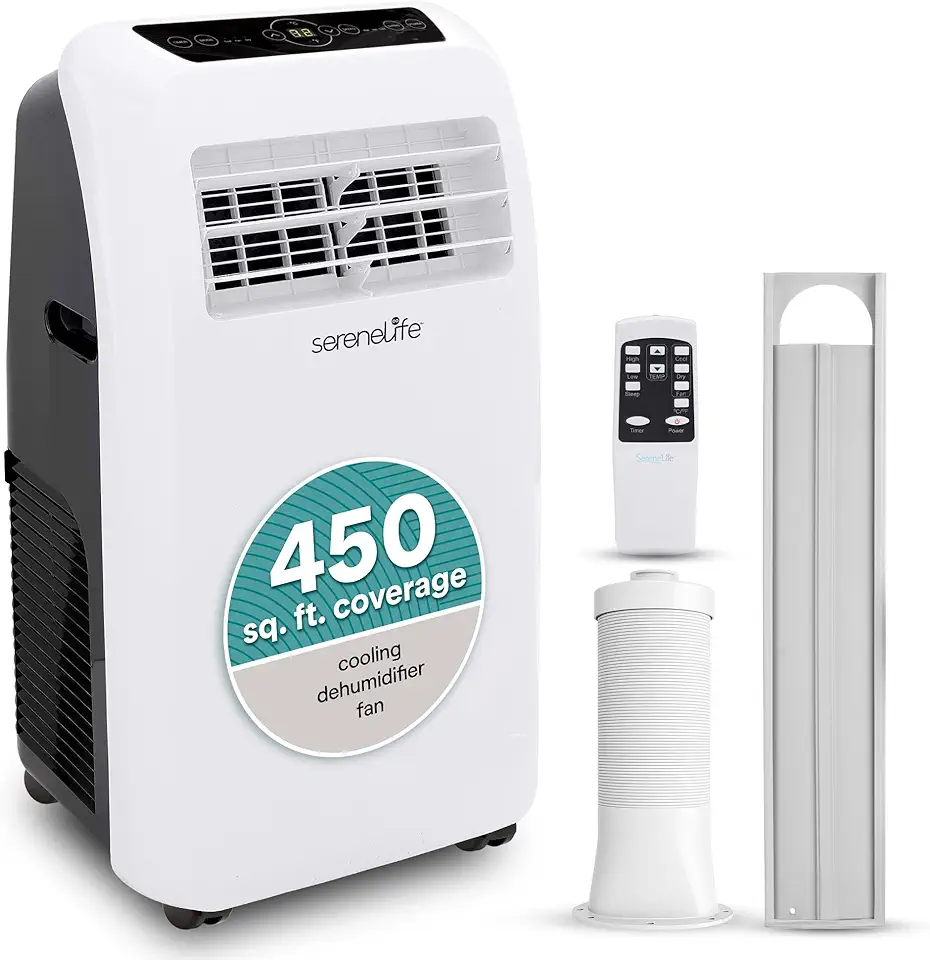 SereneLife SLPAC12.5 Unidade de refrigeração CA compacta para casa com modos de desumidificador e ventilador integrados, operação silenciosa, inclui kit de montagem de janela, 12.000 BTU, branco