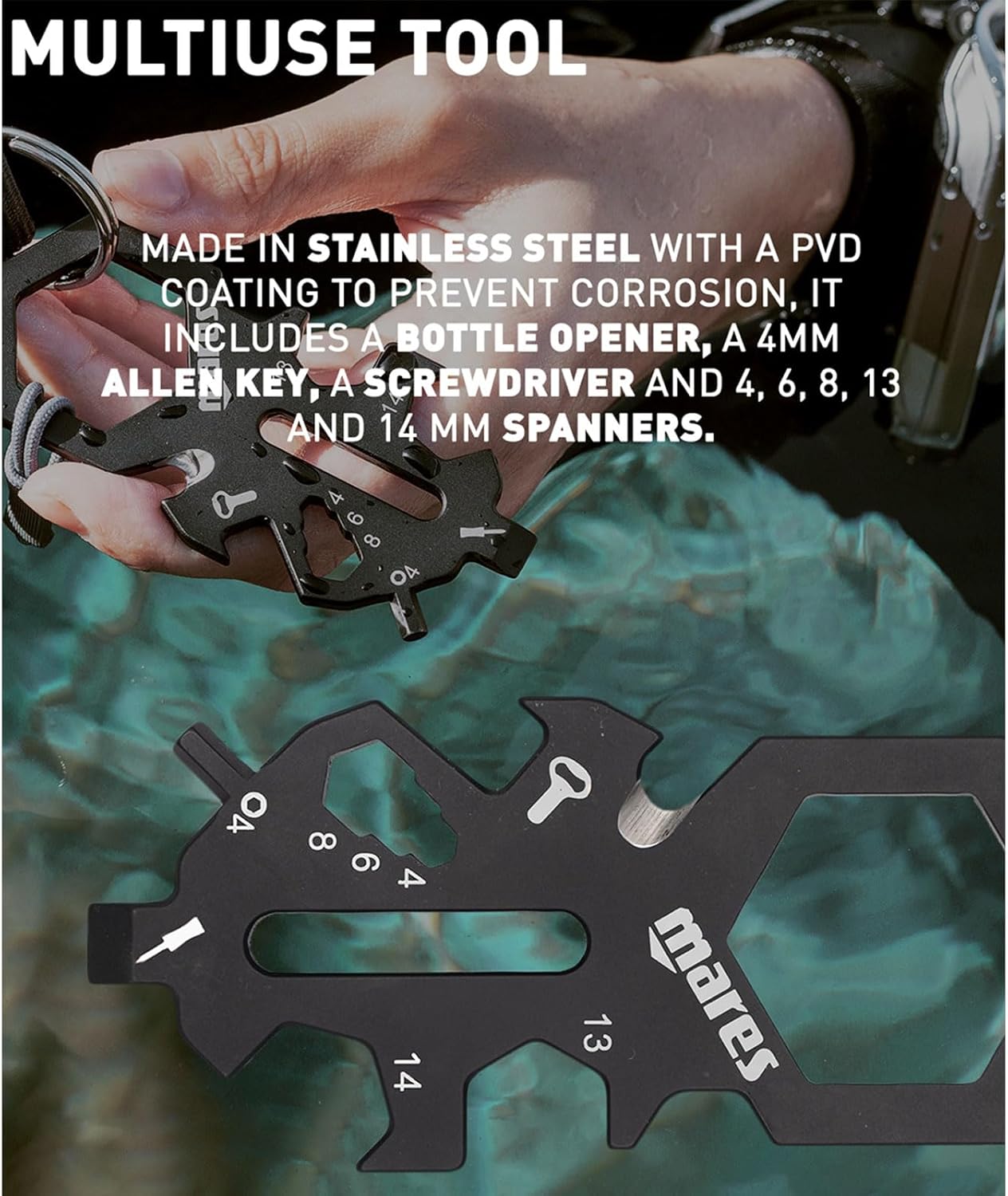 Mares Smarty Mini Multitool - Scuba Diving Multi-Purpose 4mm Allen Key, Bottle Opener, Screwdriver & Various Spanners