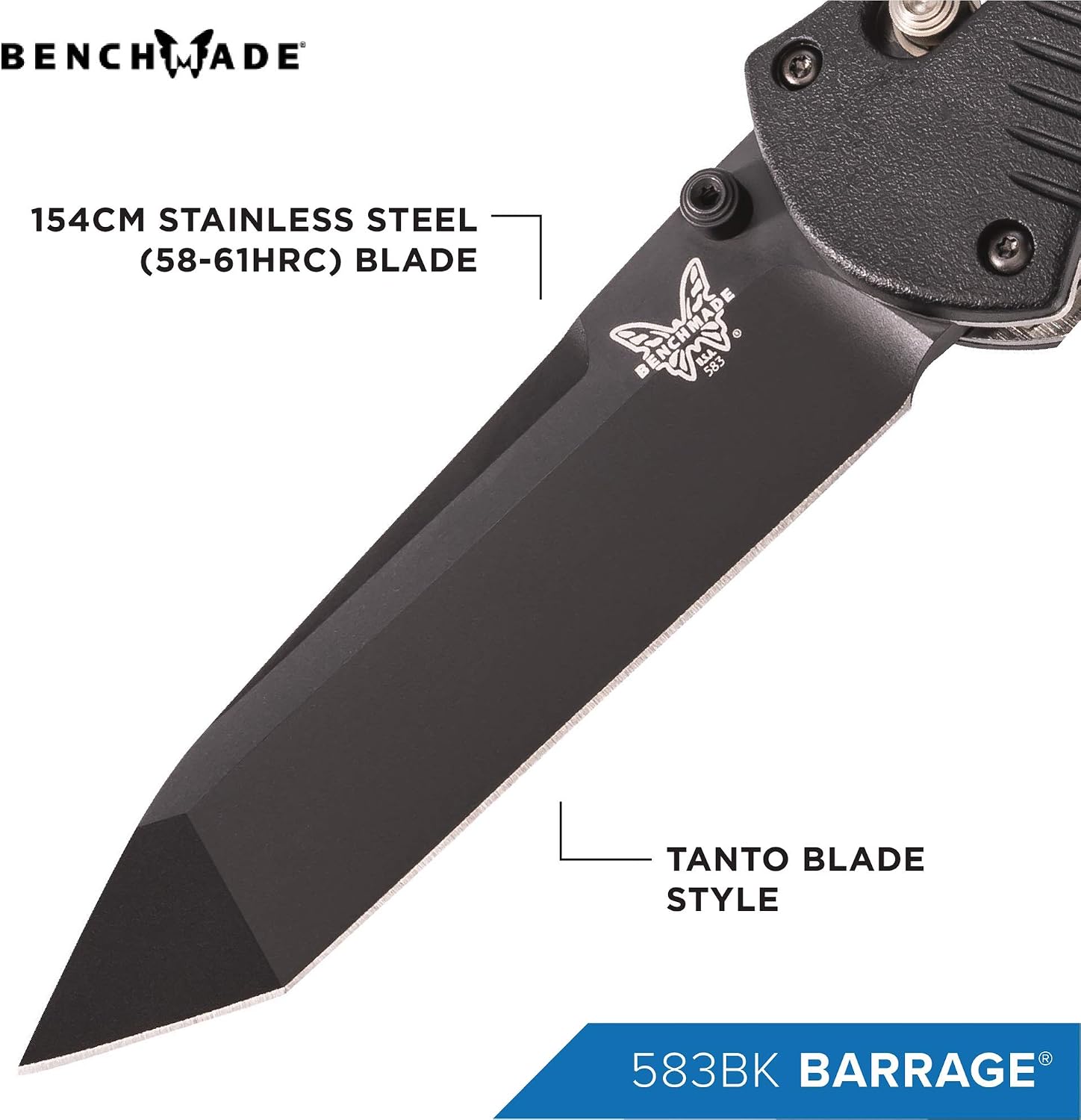 Benchmade - Barrage 583 Knife, Tanto Blade, Plain Edge, Coated Finish, Black Handle, Made in the USA