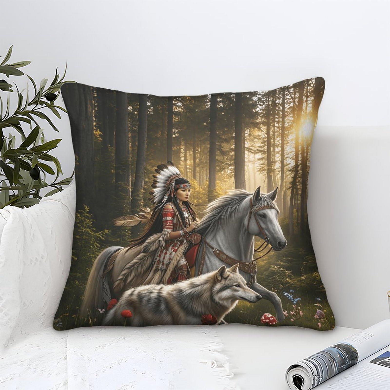 Lililaobiao Native American-15 40X40cm Throw Pillow Covers Native American - No Insert I Mohican Wolf Horse Microfiber Square Cushion Covers I Machine Washable | Indoor Use Only