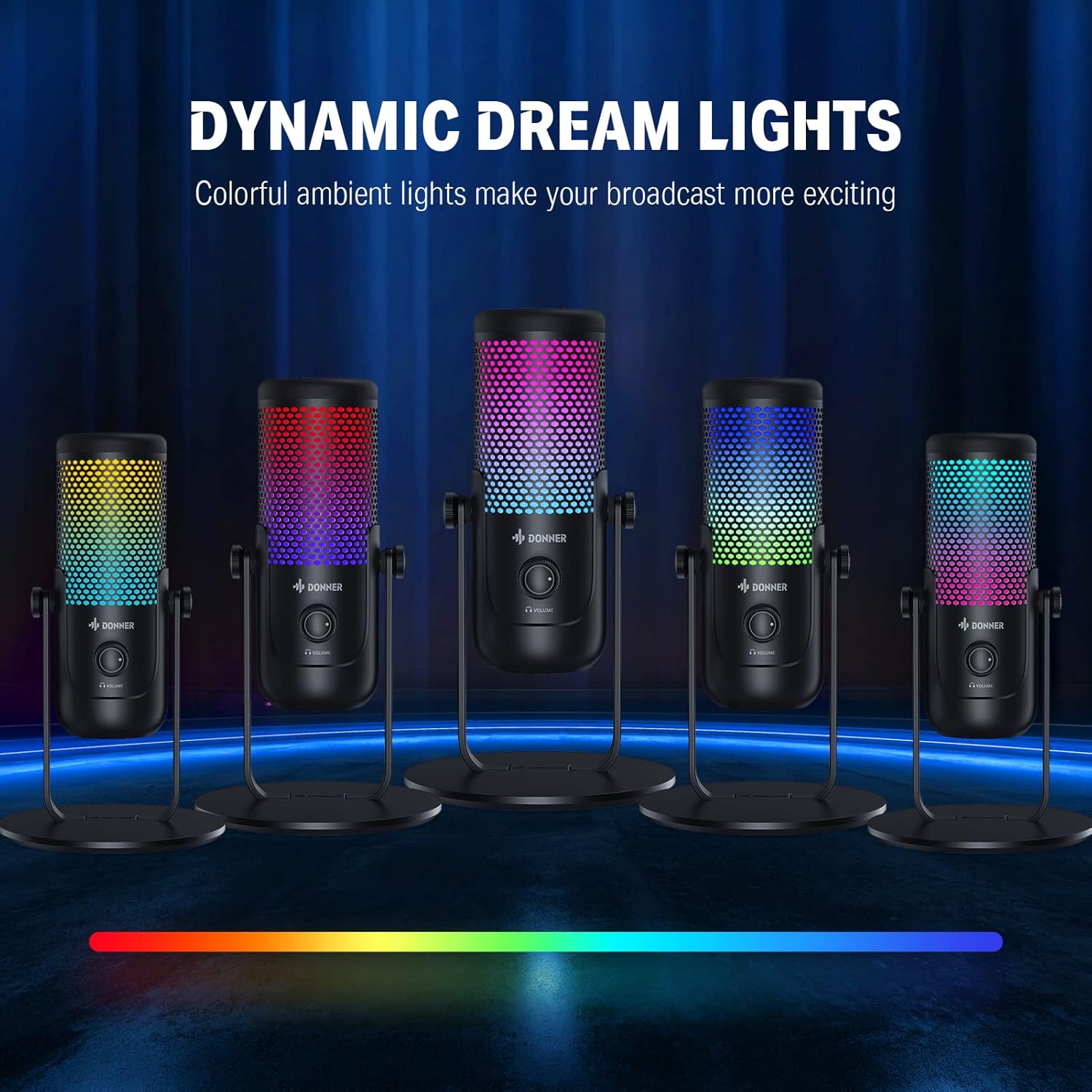 Donner NEOTRACK-LX microphones displaying various RGB lighting colors