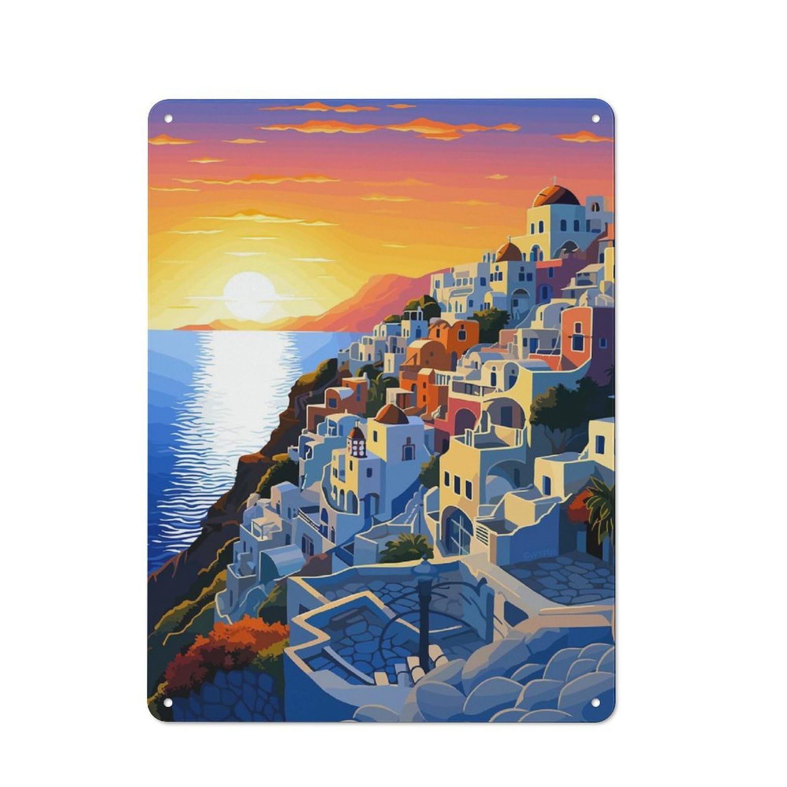 Junmoney Glow Of Santorini Greece 40X30cm Rustic Metal Sign With For Guest Room Or Hallway, For Vintage Wall Decor Fans, For Metal Sign Collectors