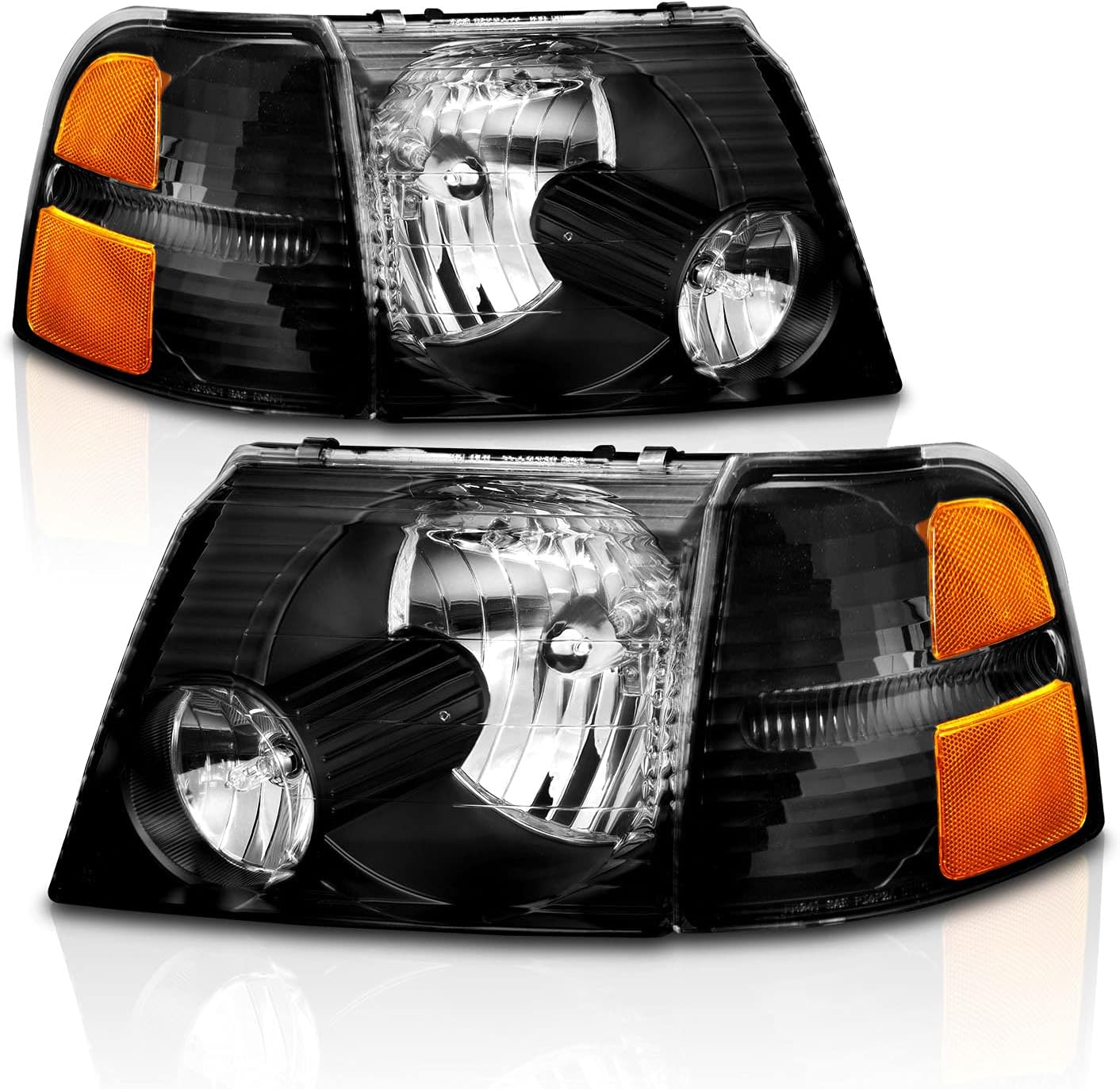 AmeriLite For 2002-2005 Ford Explorer Black Headlights w/Amber Corner Light Set - Passenger and Driver Side