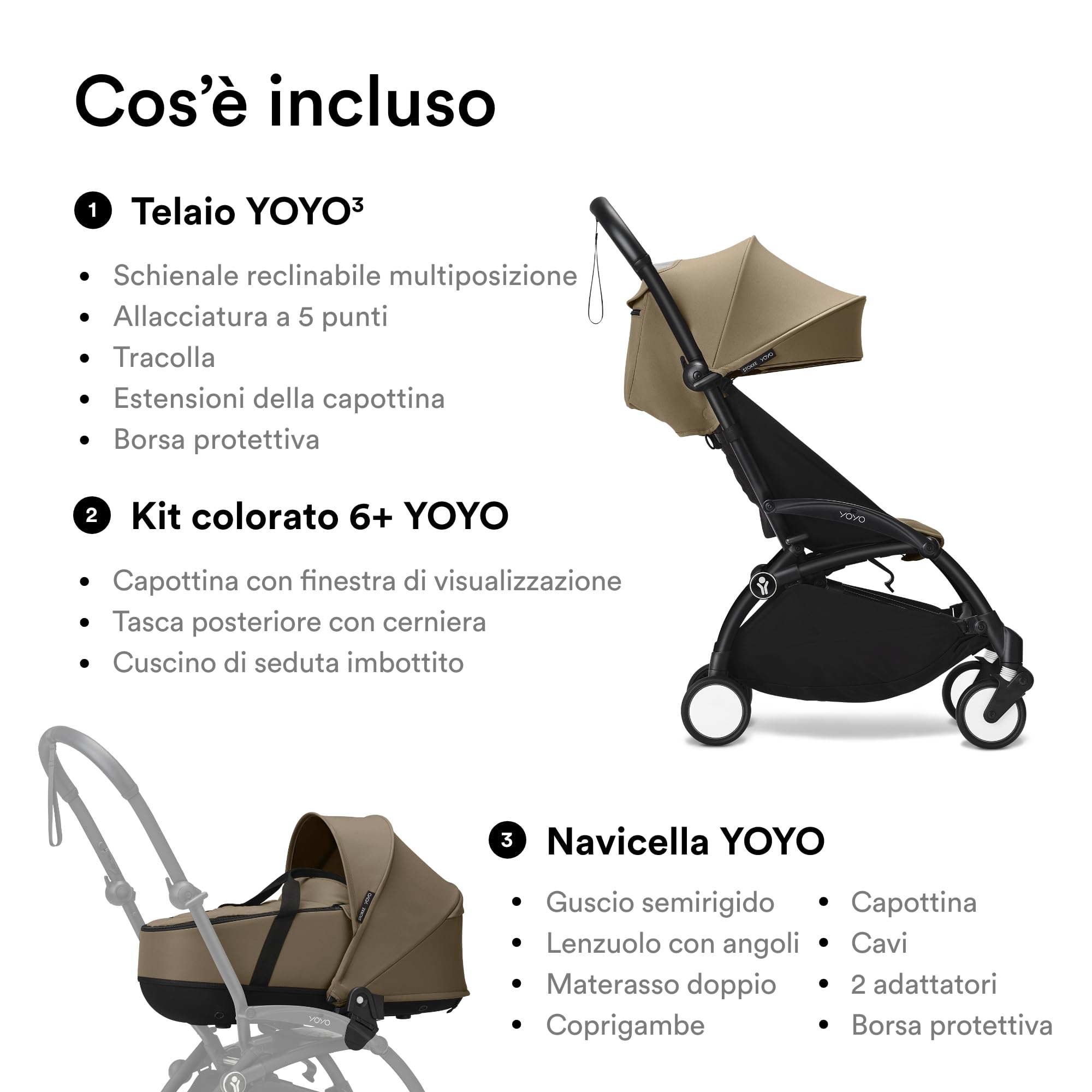 Passeggino Stokke YOYO3 con Newborn Shell - Include telaio nero, YOYO 6+ Color Pack (Toffee) e Newborn Shell (Toffee)