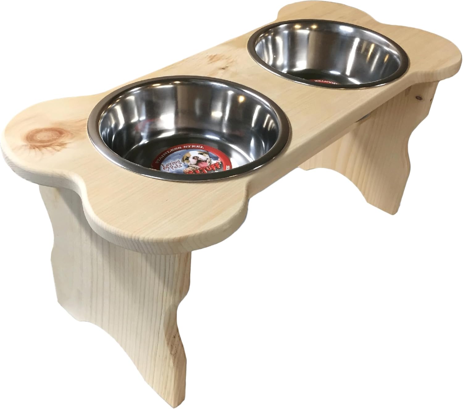 Good Wood - Bone Shaped Dog Bowl Stand for Large and Medium Dogs - Unfinished Solid Pine Wood - Made in the USA