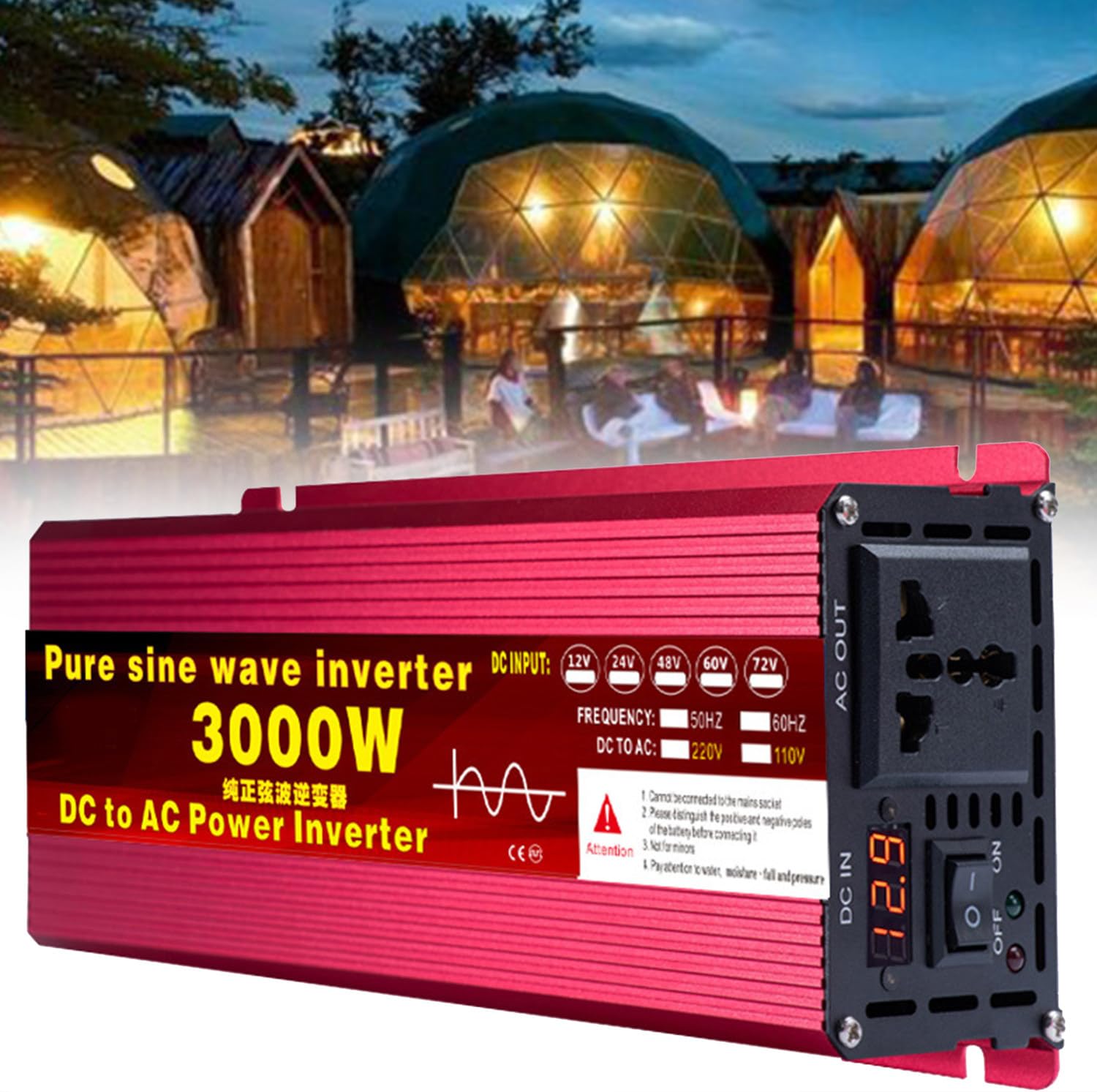 Inverter a onda sinusoidale pura da 1600 W, 2200 W, 3000 W, 12 V/24 V/48 V/60 V/72 V CC a 110 V/220 V CA, convertitore di tensione, trasformatore per casa, camper, camion, solare fuori rete (3000 W,