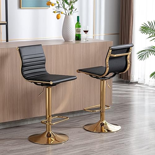 Miniatura 2 de Taburetes de bar ajustables de piel sintética, taburete de bar negro y dorado con respaldo, moderno taburete giratorio de altura de mostrador para
