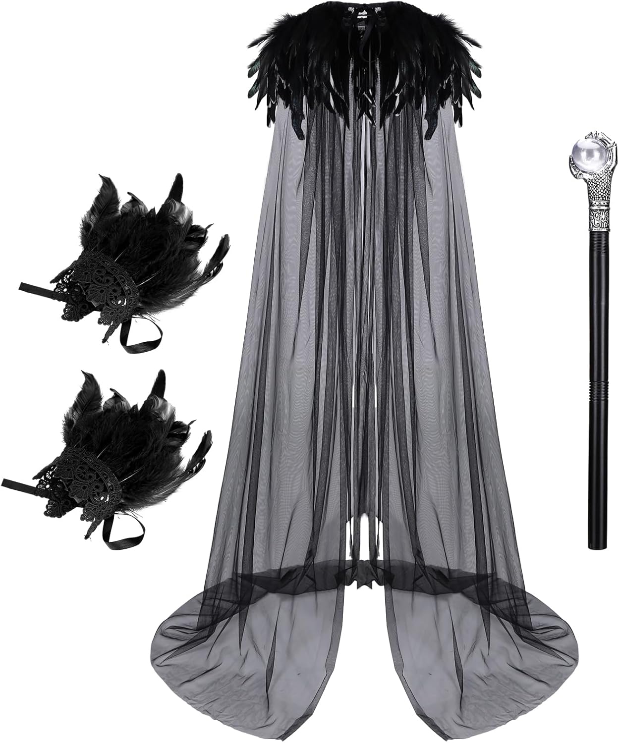 4 Pieces Halloween Gothic Witch Costume Set Black Feather Gothic Cloak Raven Cape Feather Shawl Cuffs Halloween Evil Cosplay Carnival Costume Prop with Magical Witch Wand for Adult Women