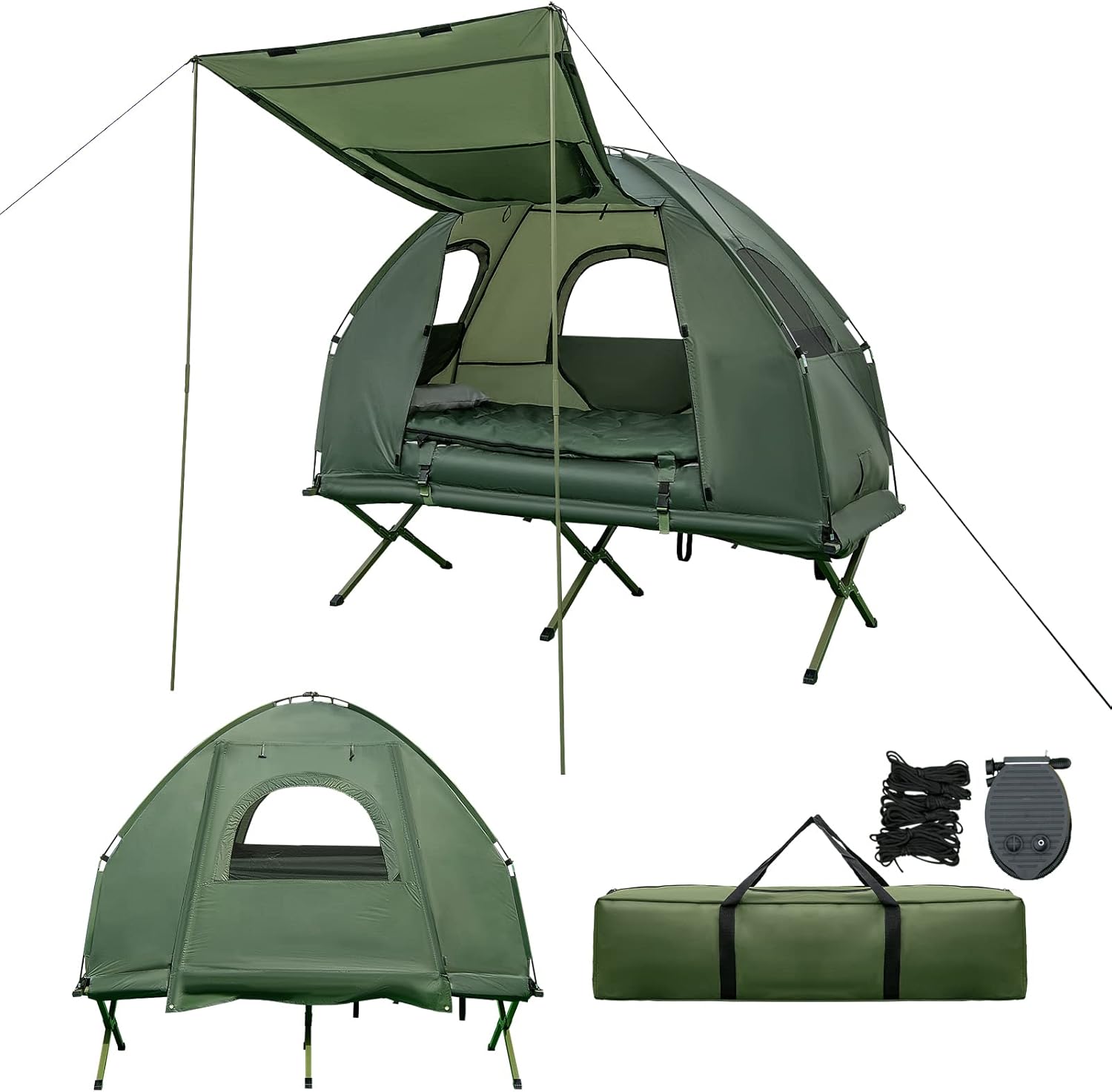 Goplus Camping Tent Cot, 5-in-1 Folding Camping Bed with Awning, Air Mattress, Sleeping Bag, Bedspread, Off Ground Elevated 1-2 Person Cot Tent with Carrying Bag, Air Pump for Camping Picnic Outdoor