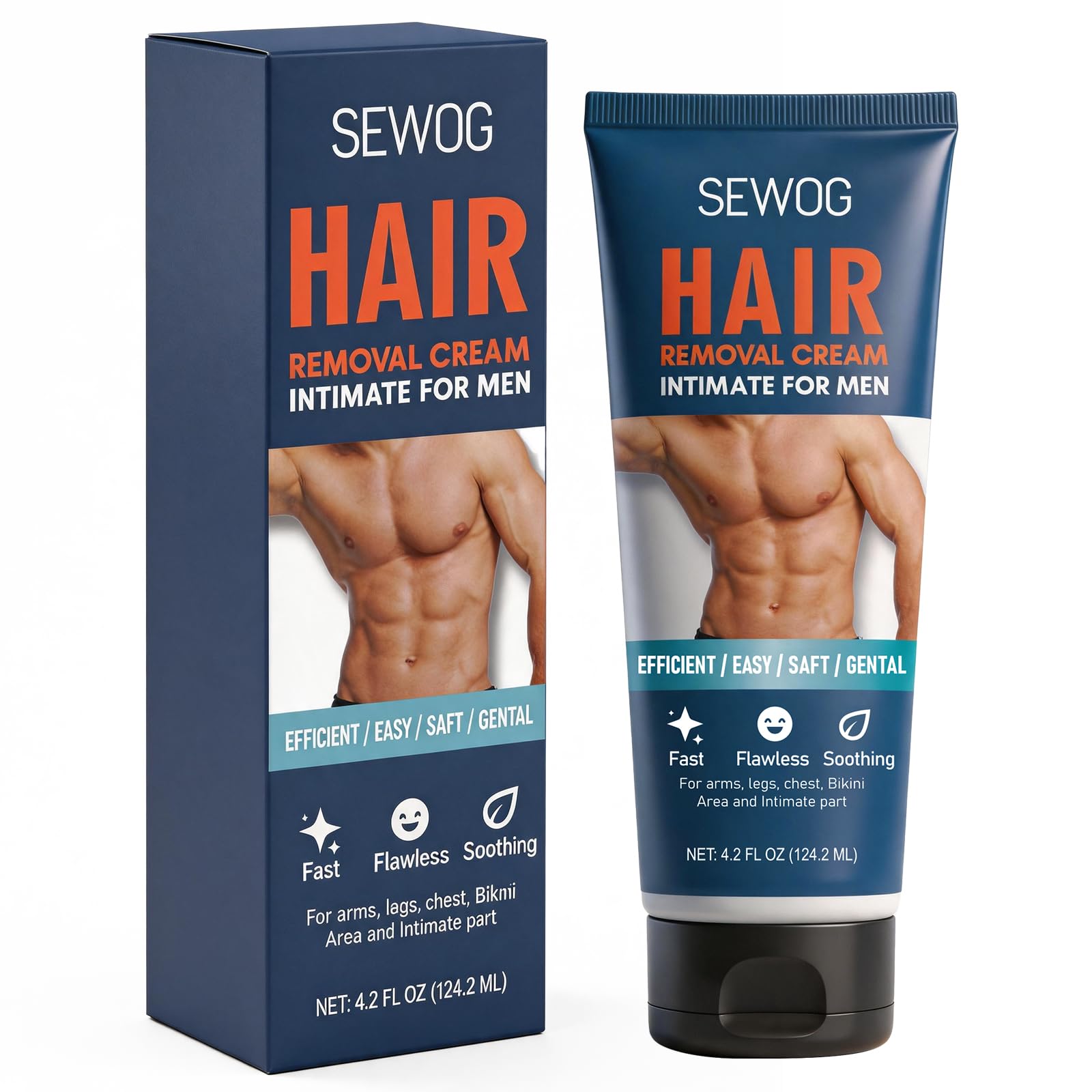 Hair Removal Cream for Men - Men`s Depilatory Cream for Unwanted Hair in Body Legs Chest Underarms Intimate Areas, Painless Flawless Soothing, Gentle Formula, 4.2 FL OZ