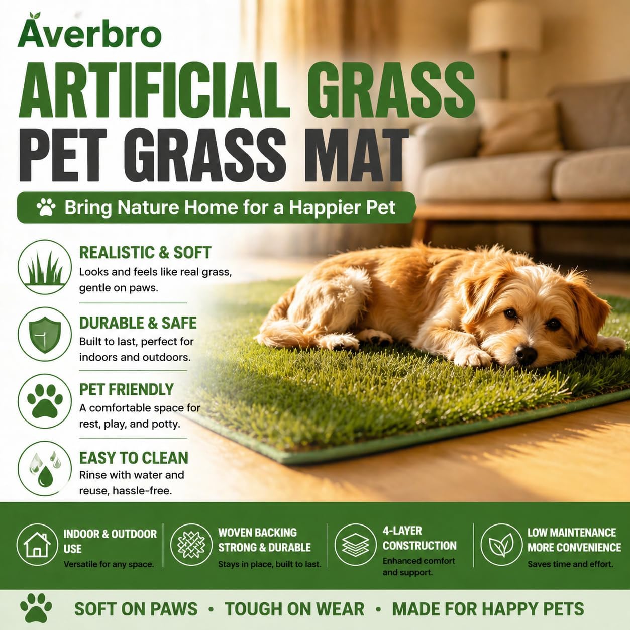 Artificial Grass Pet Mat – 39.4"x31.5" Indoor Outdoor Dog Cat Rug – Soft Realistic Grass, Woven Non-Slip Backing, Easy to Clean, Durable & Long-Lasting