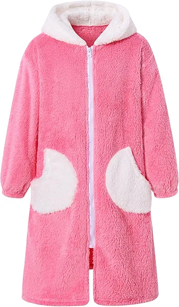 Funnycokid Girls Robes Size 7-8 Rose Solid Color Kids Bathrobe 9 Zip Hooded Bath Robe Soft Fleece Sleepwear Long Sleeve Plush Pajamas