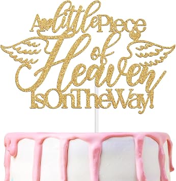 A Little Piece of Heaven is on The Way Cake Topper, Angel Themed Baby Shower Party Decor, Heaven Theme Welcome Baby Party Decorations Supplies, Gold Glitter
