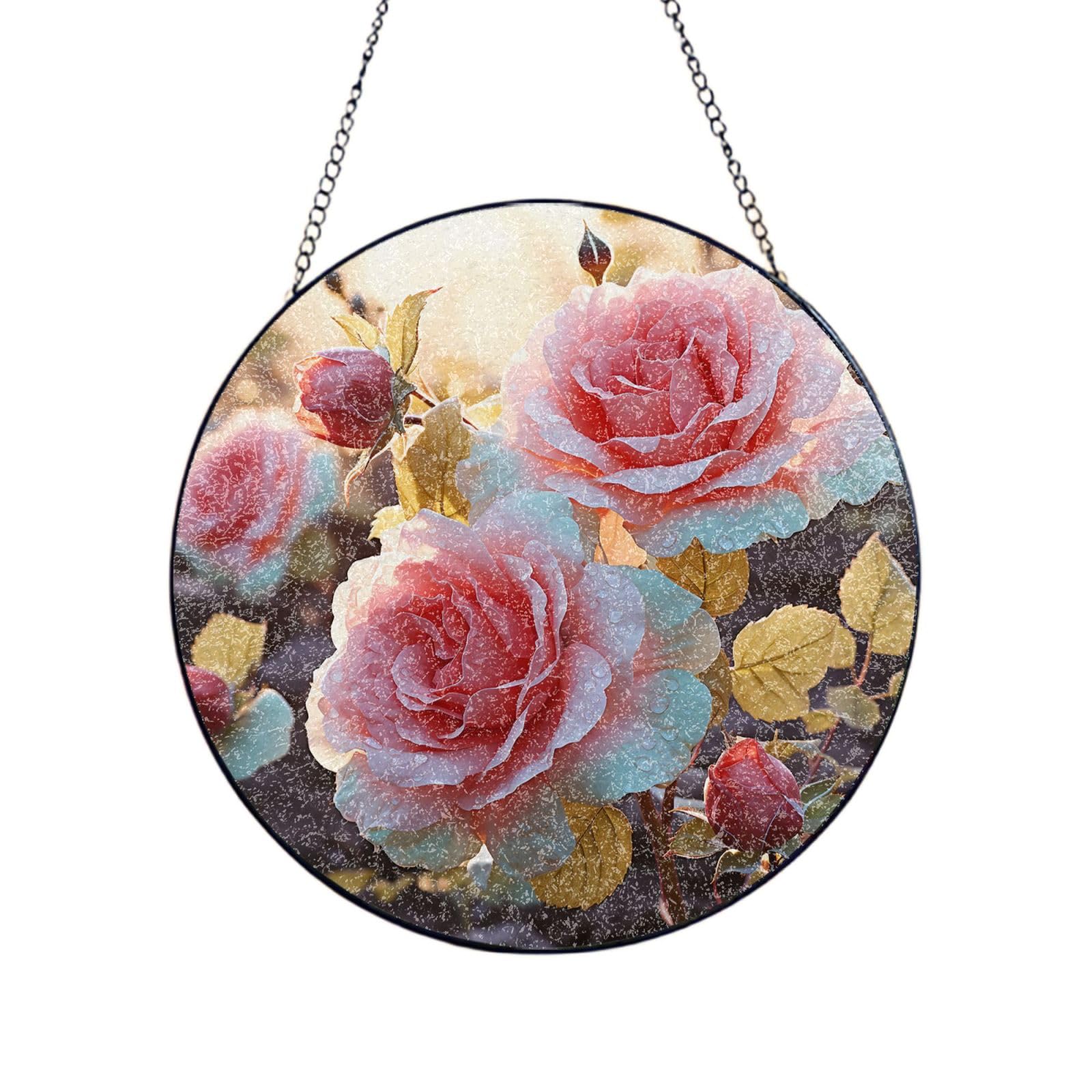 Stained Glass Window Hanging Rose Flower Wildflowers Sun Catchers Indoor Outdoor Decor Window Suncatcher Door Garden Sunroom Sun Catcher Home Decor Birthday Christmas for Mom Men