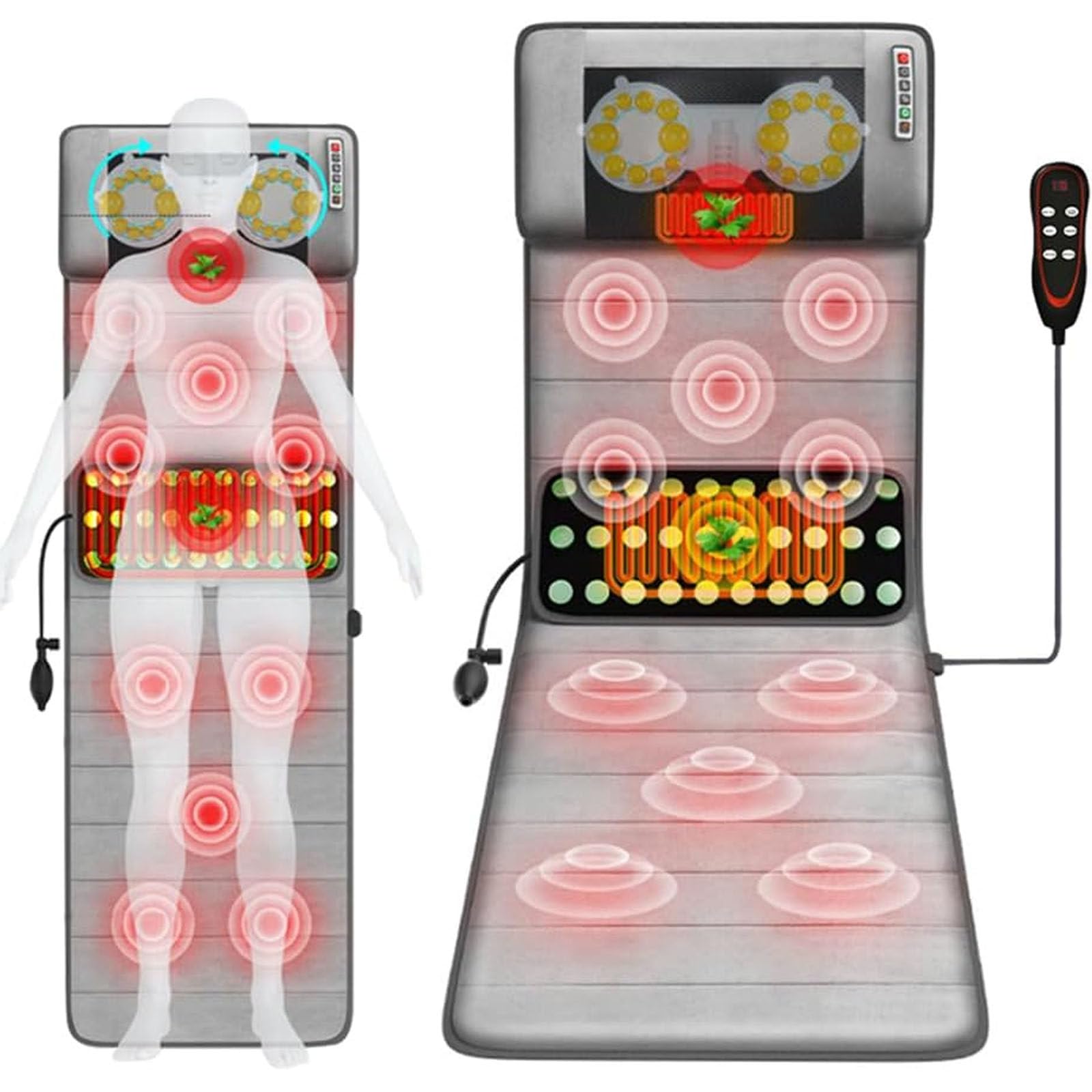 Tappetino massaggiante Elettrico per Tutto Il Corpo, Cuscino riscaldante Pieghevole, 9 modalità di Massaggio/3 modalità di temporizzazione, Tappetino per Massaggio shiatsu con 10 Motori vibranti, mas