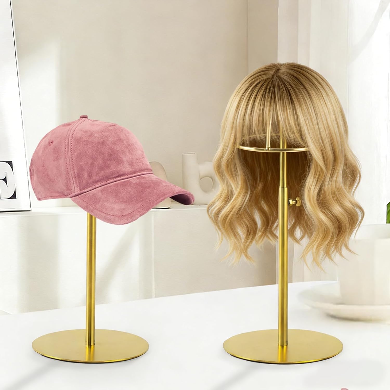 2 Pack Hat display stand Adjustable Height 8.7-14.6 Inches Hat organizer Stainless Steel Metal Hat rack for Storing Hats and Wigs in Home Boutique Retail Stores,Golden