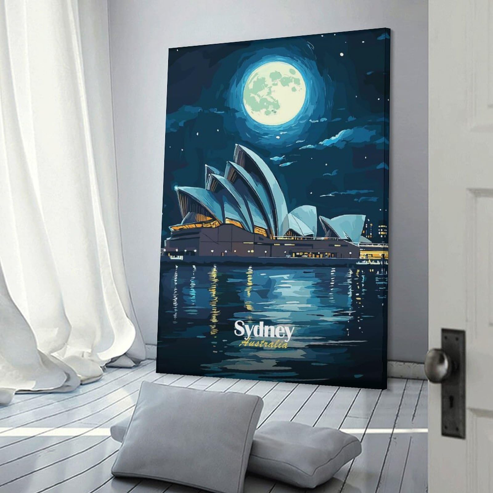 Junmoney Decorative Canvas Print Sydney Opera House Night, 12x18inch(30x45cm), for Home Office, Desk Area Or Studio, Home Office Artwork with Decorative Appeal