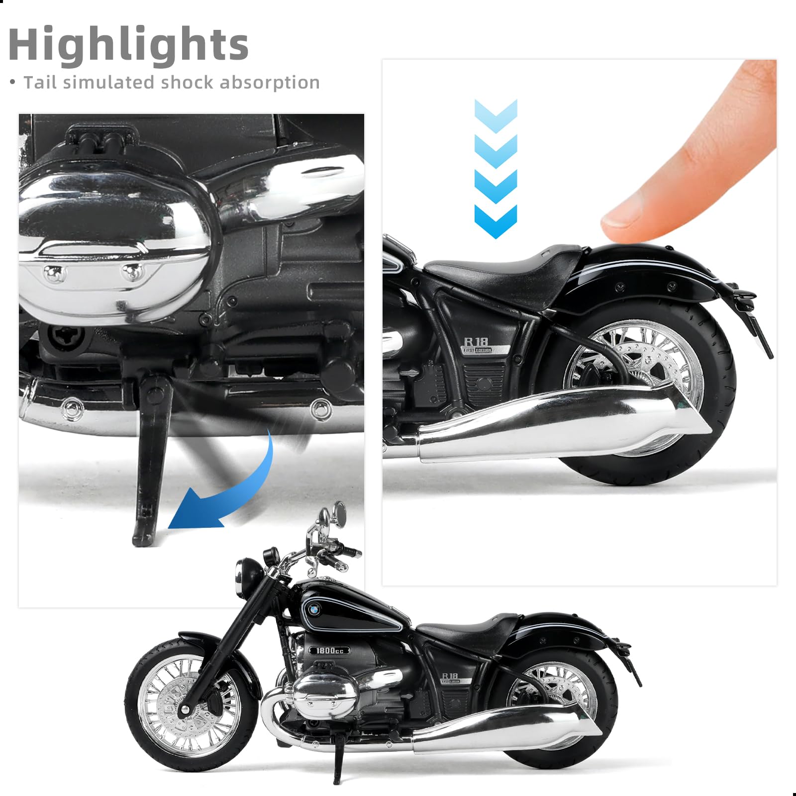 Risopen 1/12 Motorcycle Model Toy Compatible for BMW R18 Alloy Die-cast Motorcycle Model for Welly No Assembly Required Mini Racing Moto Collection Gift for Adult (Black) - Image 4