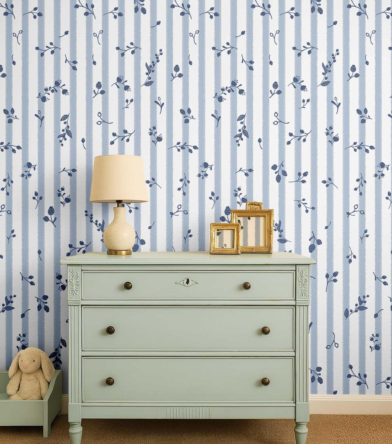 S4Sassy Floral Stripes Wallpaper - Blue Wall Covering, 25" x 60" Self-Adhesive Vinyl Walls Paper, Wallwrap, Easy DIY Wall Covering for Kids Bedroom, Kids Room Wall Decor, Playroom Wallpaper