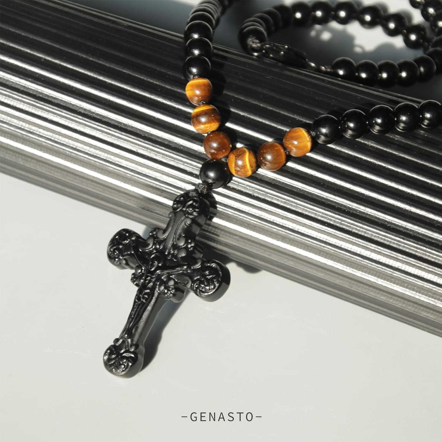 Men's Obsidian Crystal Cross Necklace – Catholic Crucifix Pendant Necklace with Tiger Eye and Black Obsidian Beads, Jesus Christ Faith Cross Necklace Religious Prayer Jewelry Gifts for Men