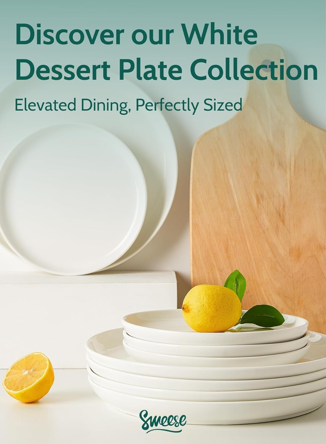 Sweese 7.4 Inch Porcelain Dessert Plates, Set of 6 - Stackable, Microwave Oven Safe - White