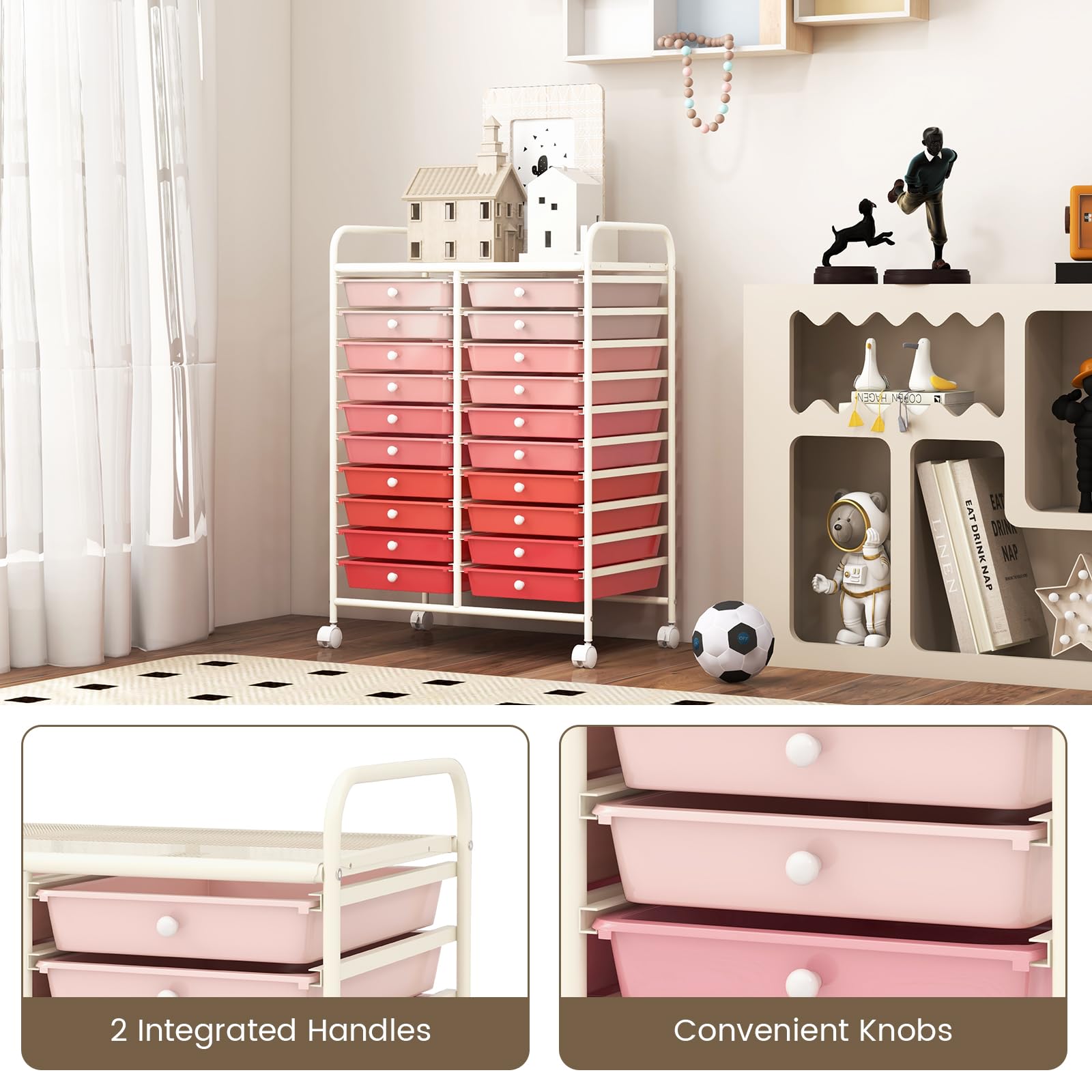 GIANTEX Carrello con 20 cassetti, impilabile, per cassetti, da cucina, bagno, ufficio, 64 x 39 x 88 cm (rosso + rosa)