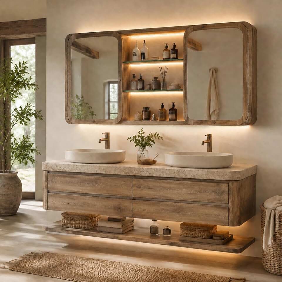 106 in Double Sink Floating Bathroom Vanity with LED Mirror & Storage