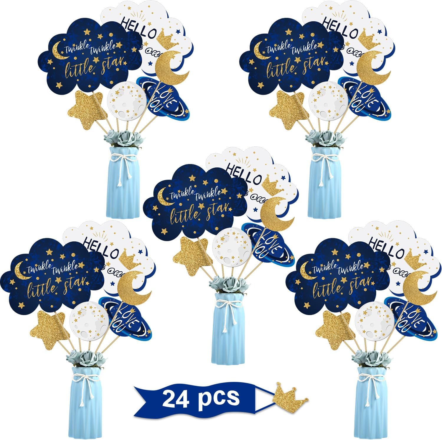 24 Pcs Twinkle Small Star Centerpiece Sticks for Baby Shower Star Table Toppers Birthday Party Decoration Cake Topper Moon Decoration Glitter Centerpieces Gender Reveal Supplies