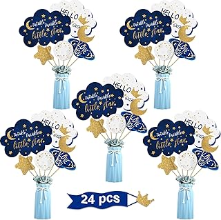 24 Pcs Twinkle Small Star Centerpiece Sticks for Baby Shower Star Table Toppers Birthday Party Decoration Moon Decoration Glitter Centerpieces Birthday Party Supplies