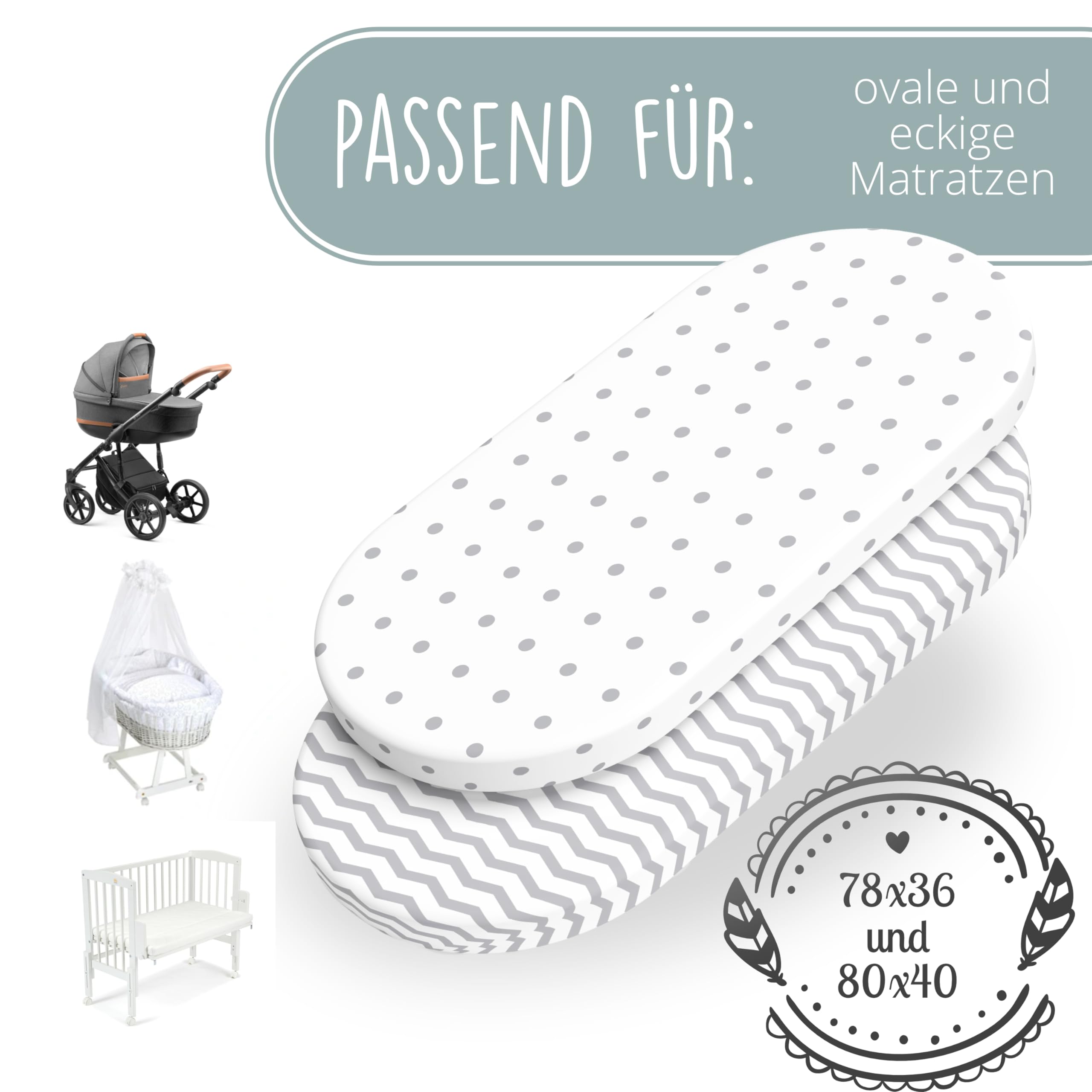 mimaDu - Juego de 2 sábanas bajeras Ajustables para bebés 80x40cm Funda de colchón 100% algodón Oeko-Tex, también para 78x36, 80x35, 40x80 para cochecitos, moisés, cunas y camitas supletorias Puntos