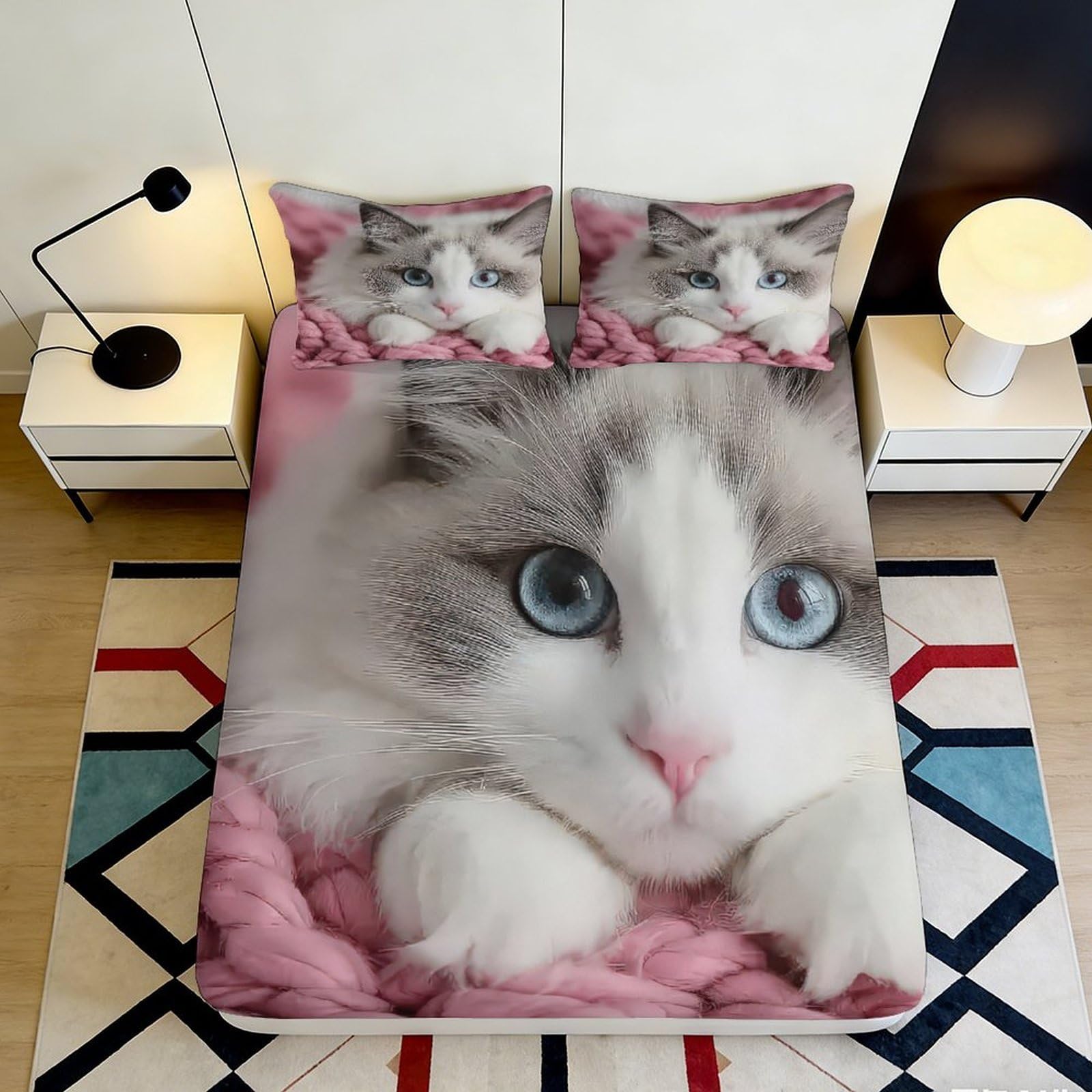 Pnayamiorkfel Style-10 3D Printed Blue Eyed Cat Fitted Sheet Microfiber Soft Decorative Pink Blanket Bed Cover For Bedroom Dorm Room 90X200x25cm