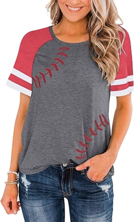 Womens Baseball Shirt Raglan Short Sleeve Crewneck Patchwork Summer Casual Loose Baseball Mom Tees Tops