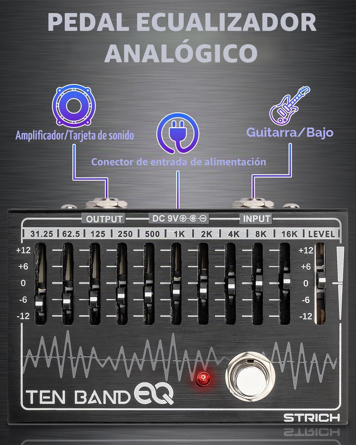 STRICH EQ Pedal para guitarra eléctrica, pedal de efectos ecualizador de 10 bandas, ecualizador para guitarra y bajo, 10 bandas de frecuencia (31.25Hz-16kHz) con ganancia/atenuación de ±12dB para cada