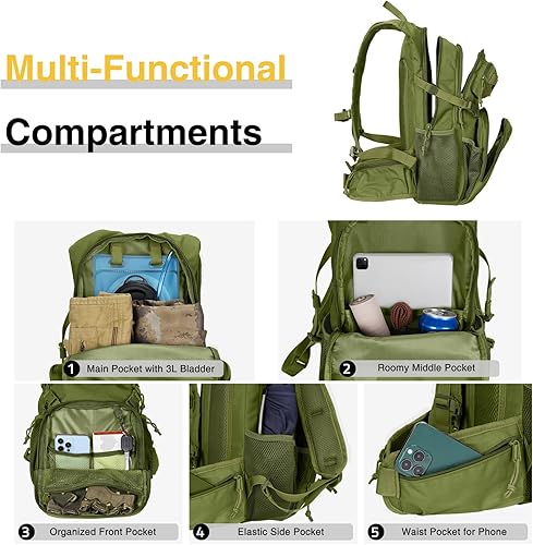 Miniatura 5 de CVLIFE Mochila táctica de hidratación con vejiga de agua de TPU de 3 L, mochila de senderismo de 22 L para hombres y mujeres, mochila de agua Molle