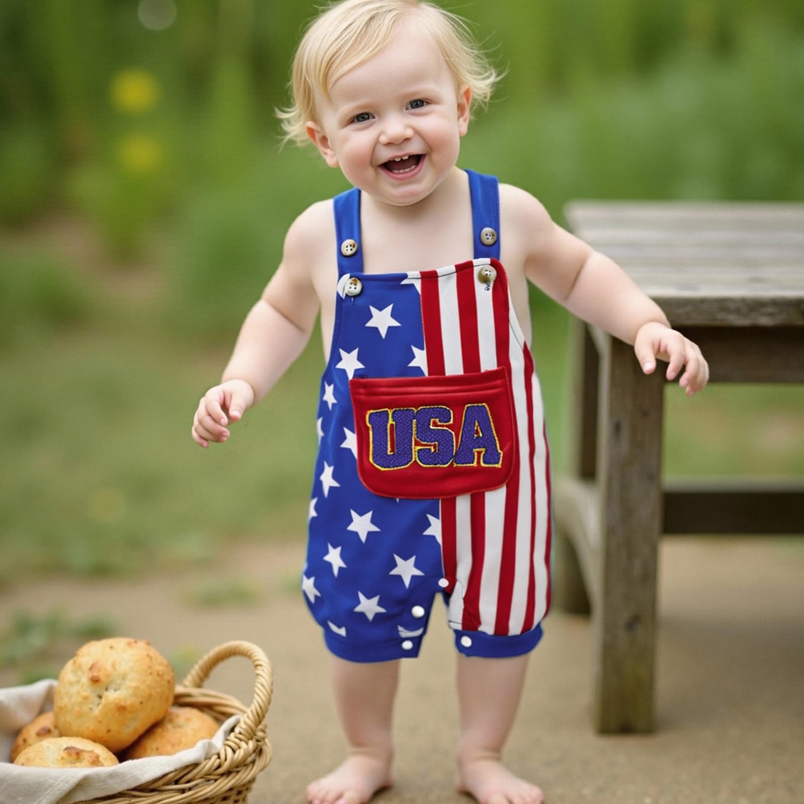 Dcohmch Baby Boy 4th of July Outfit Letter Embroidery Overalls Stripe Star Print Romper Summer Sleeveless Jumpsuits (Blue, 0-3 Months)