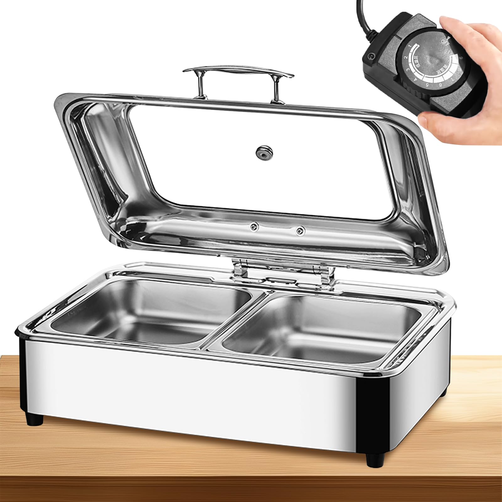 Chafing Dish Elettrico, Scaldavivande Elettrico Professionale, Scaldavivande Elettrico Catering con Coperchio Trasparente, Scalda Cibo per Buffet, Temperatura Regolabile 35-85℃ (1/2)