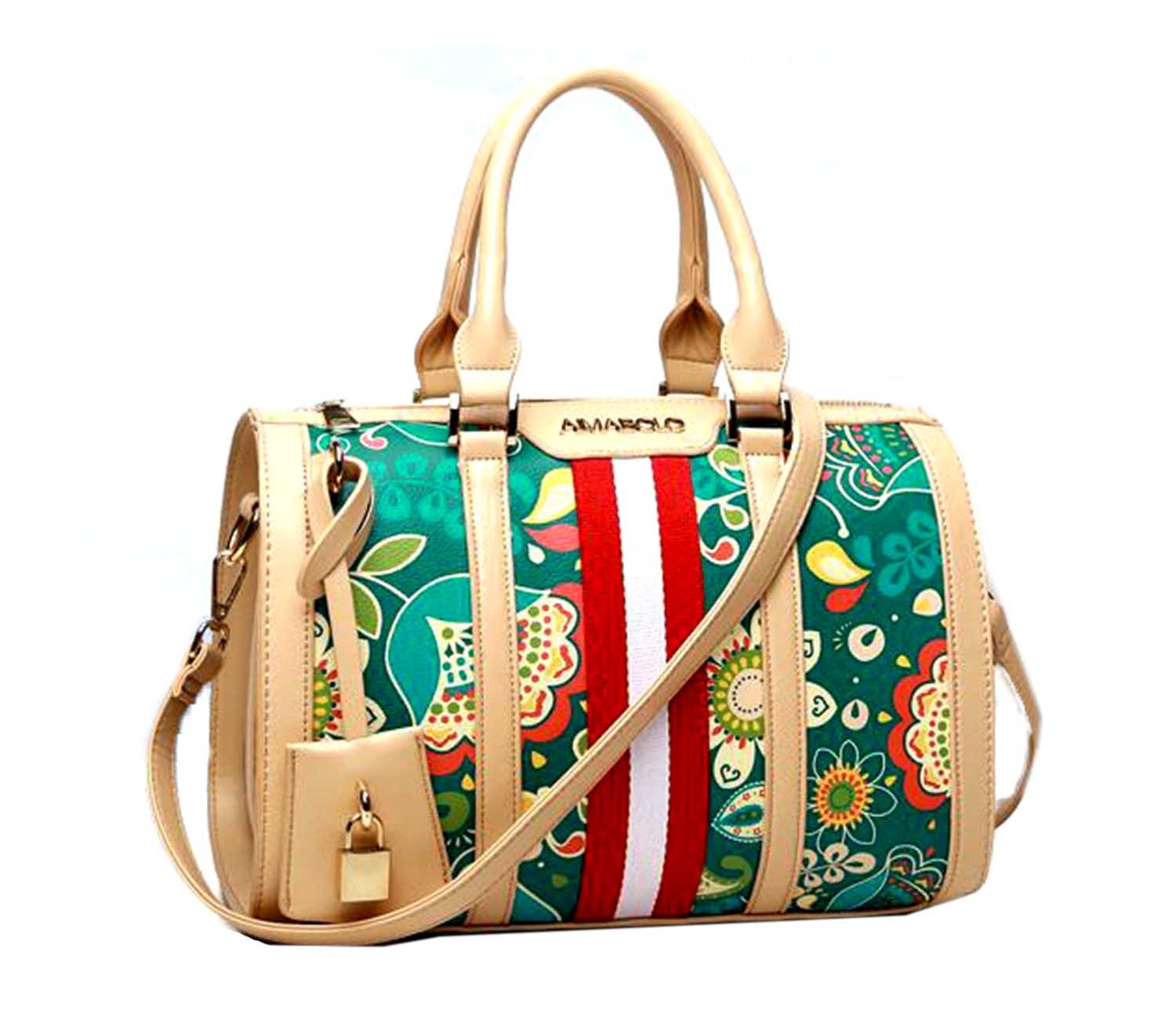 Di Grazia Women's Italian Box Bowler Handbag (Beige & Green, Beige-Flower-Print-Box-Handbag)