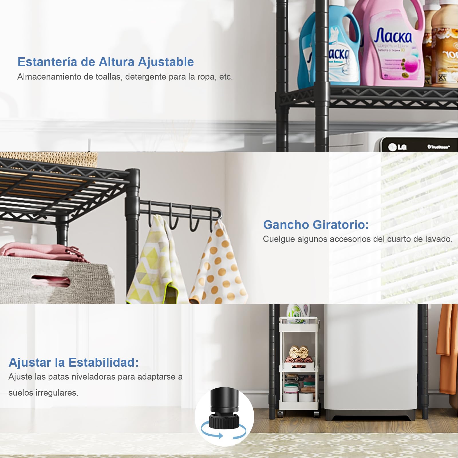 Estantería Regulable para Lavadora con 3 Estantes | Organizador de Baño que Ahorra Espacio, Negro, 89 × 34 × 193 cm