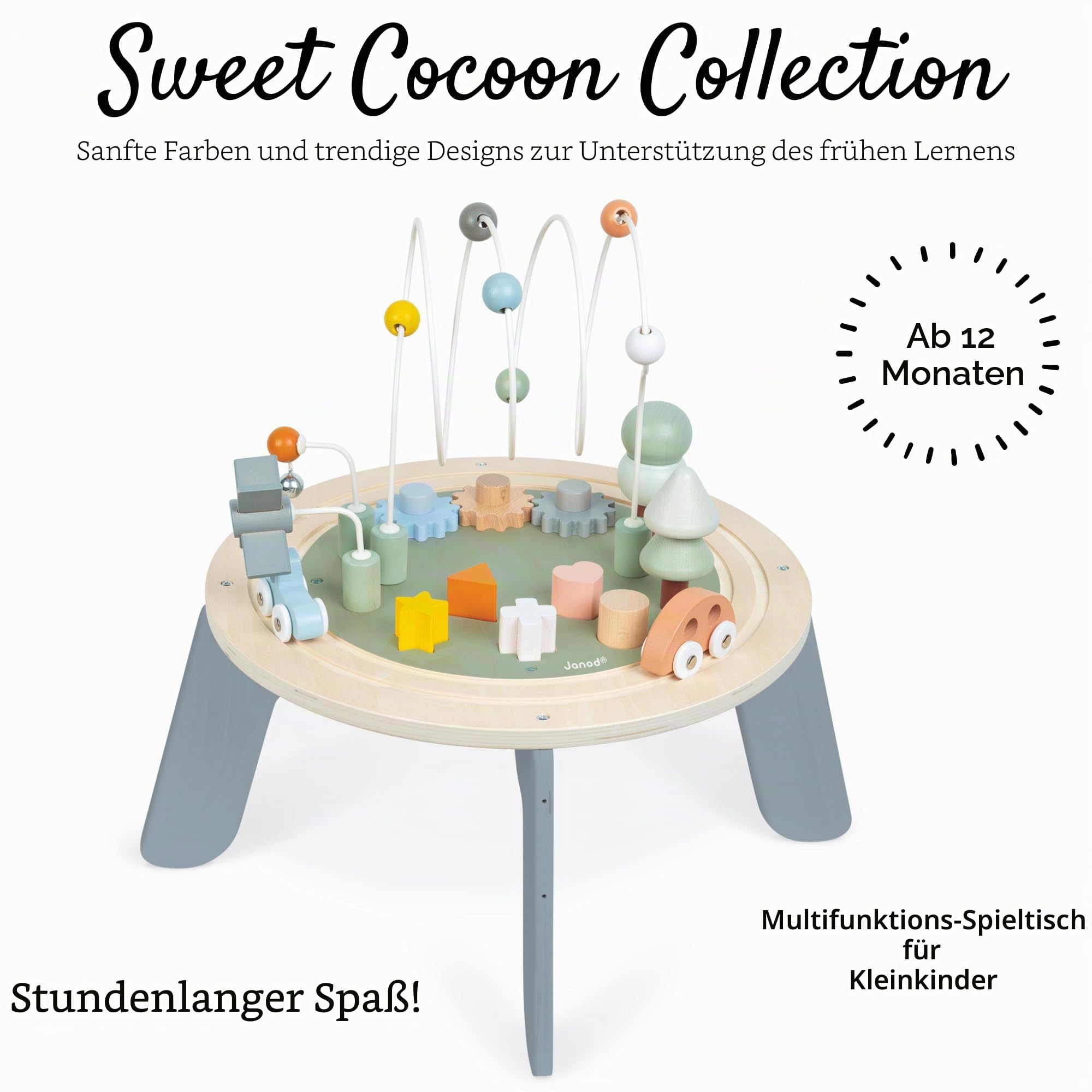 Janod - Sweet Cocoon Aktivitätstisch aus Holz - Multi-Spieltisch für Kleinkinder - Feinmotorische Entwicklung - Rutschfeste Füße - Farben auf Wasserbasis - FSC-zertifiziert - Ab 1 Jahr, J04402